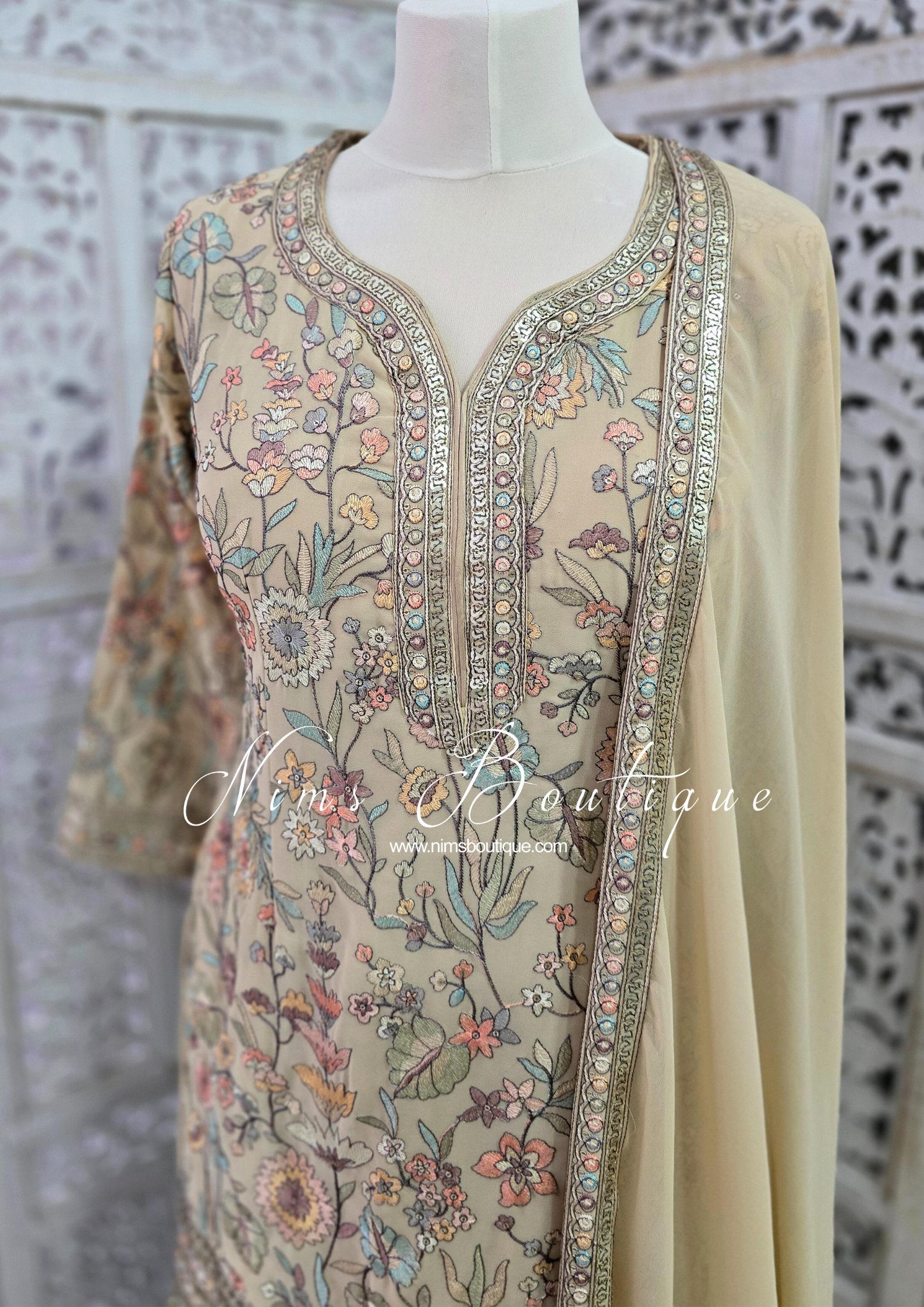 Luxury Beige Embroidered Sharara Suit (Size 12)
