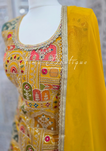 Mustard Multicolour Embroidered Sharara Suit (Size 12-14)