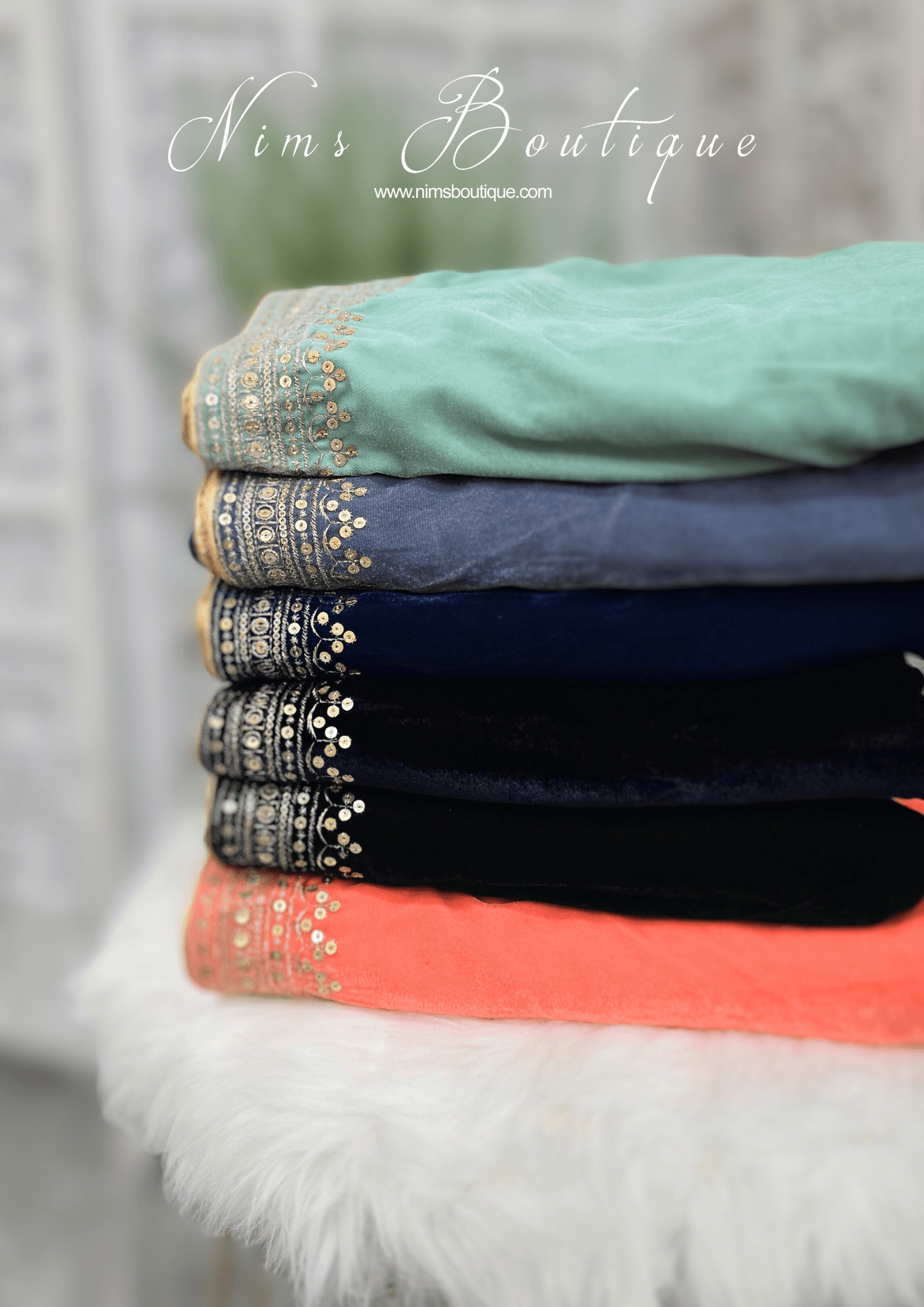 Nims Boutique Luxury Navy Velvet Embroidered Shawl