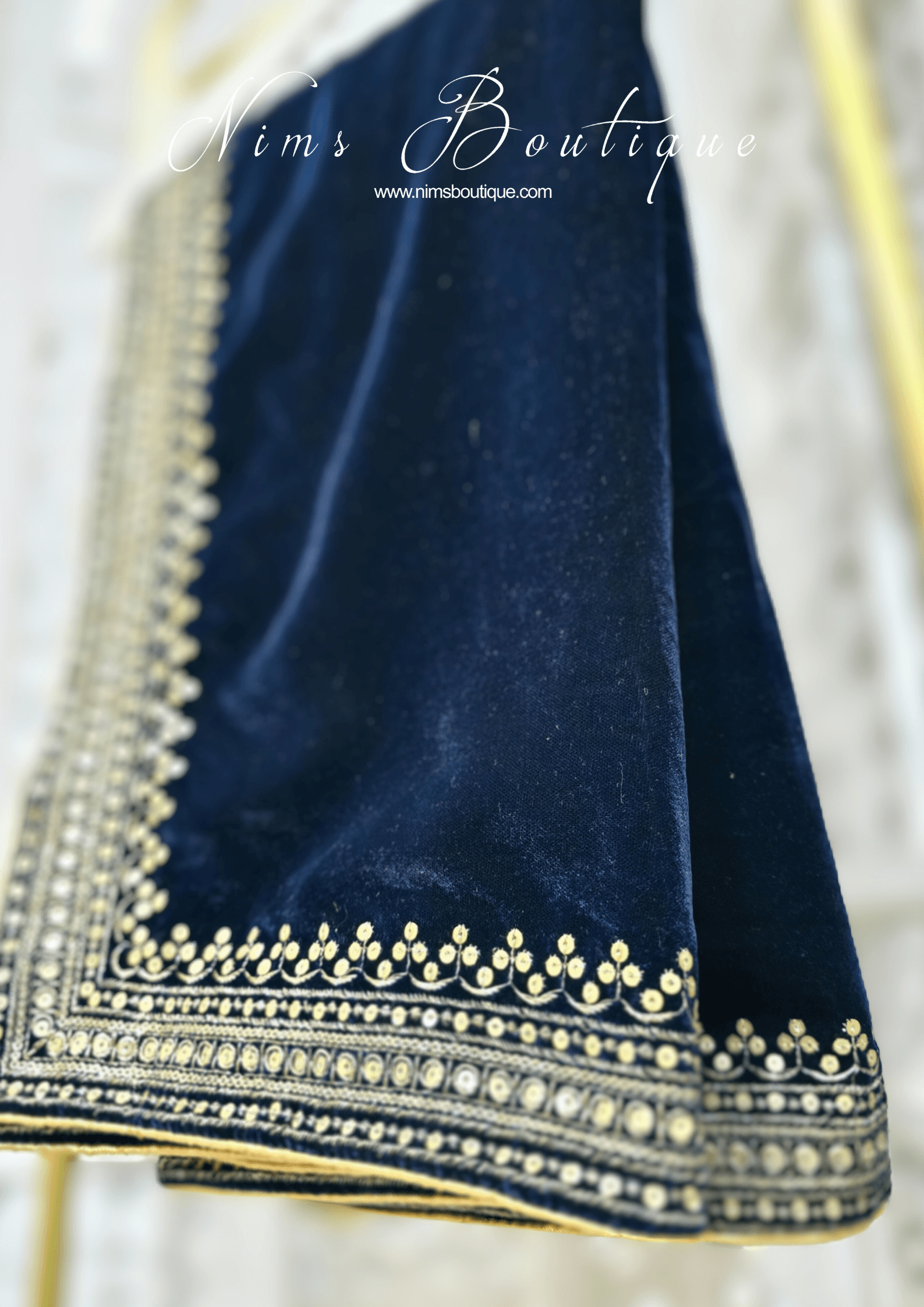 Nims Boutique Luxury Navy Velvet Embroidered Shawl