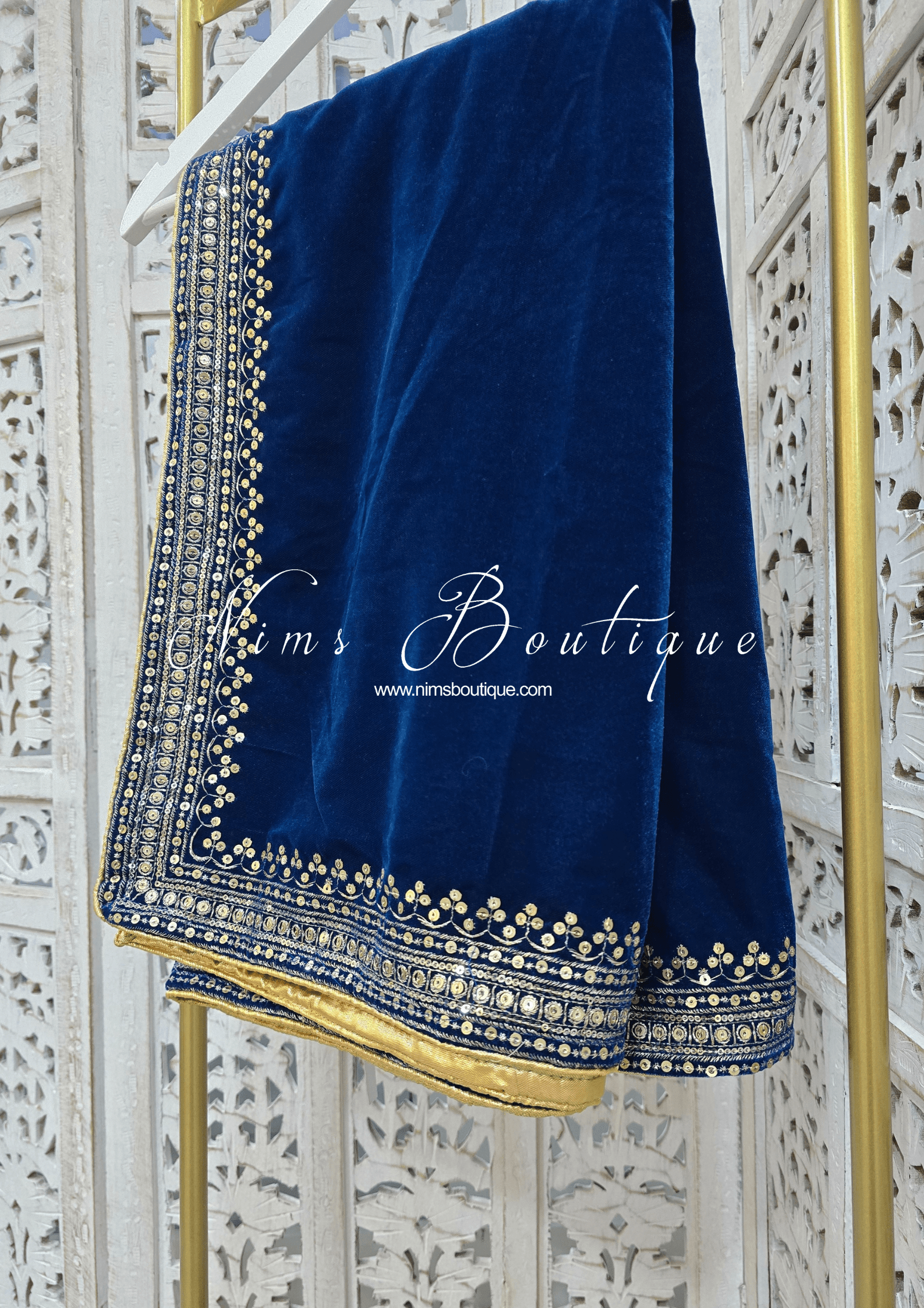 Nims Boutique Luxury Teal Blue Velvet Embroidered Shawl