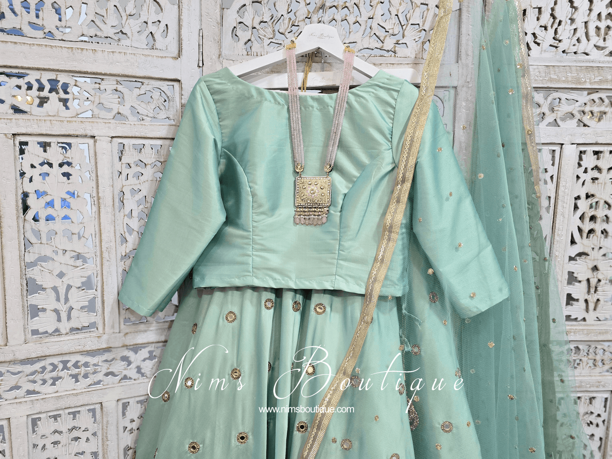 Nims Boutique Mint Silk High Neck Blouse with sleeves 4-20