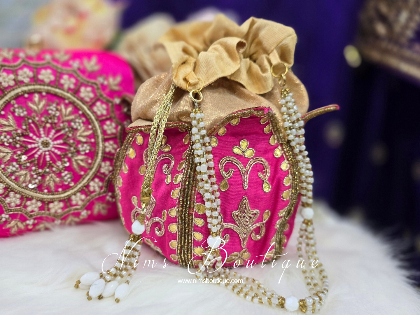 Hot Pink Potli Raw Silk Embellished Bag