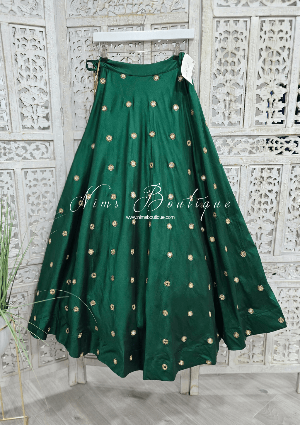 Nims Boutique Rani Luxury Silk Dark Green Mirror readymade skirt/lehnga size 4-18