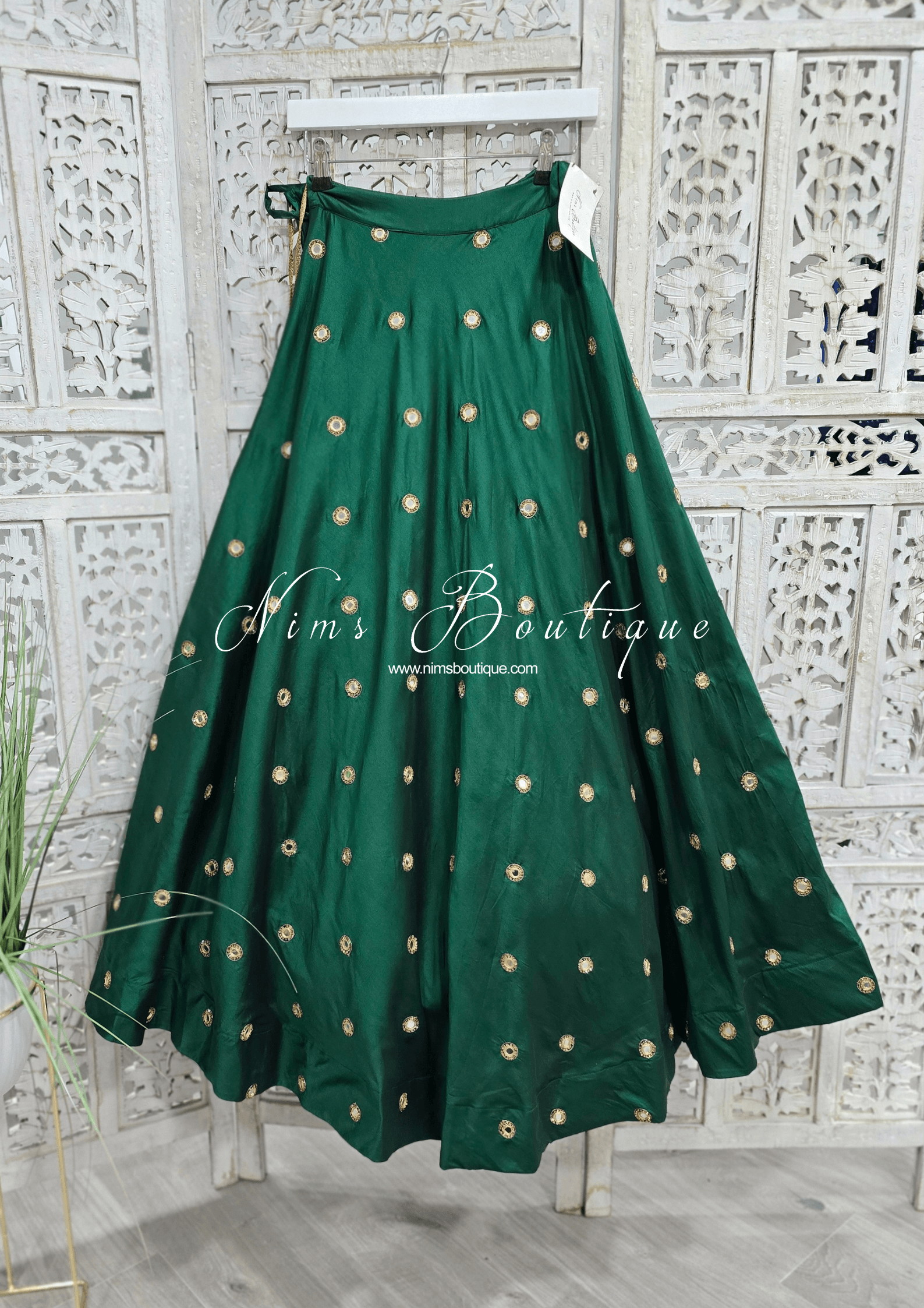 Nims Boutique Rani Luxury Silk Dark Green Mirror readymade skirt/lehnga size 4-18