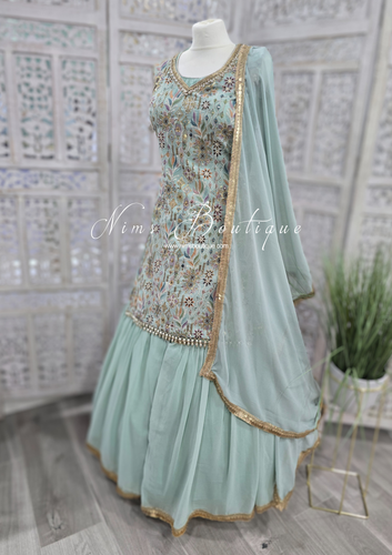 Nims Boutique Dusky Mint Embroidered Sharara Suit Size 10-12