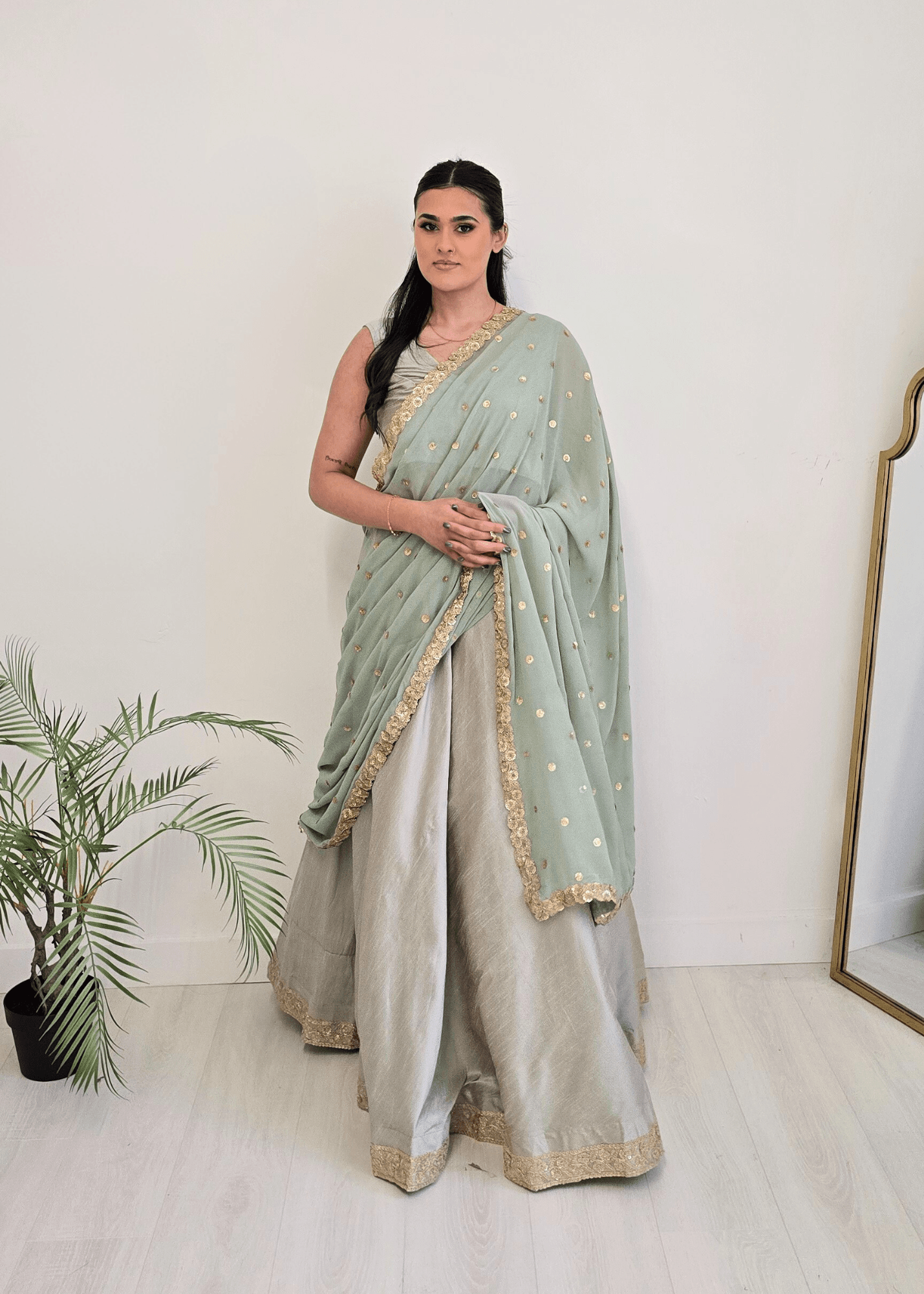 Nims Boutique Ria Luxury Sage Green Georgette Dupatta/Chunni