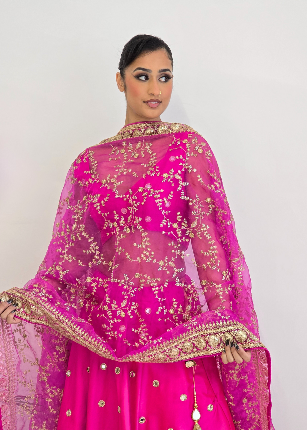 Mahi Luxury Cerise Pink Organza Embroidered Dupatta/Chunni