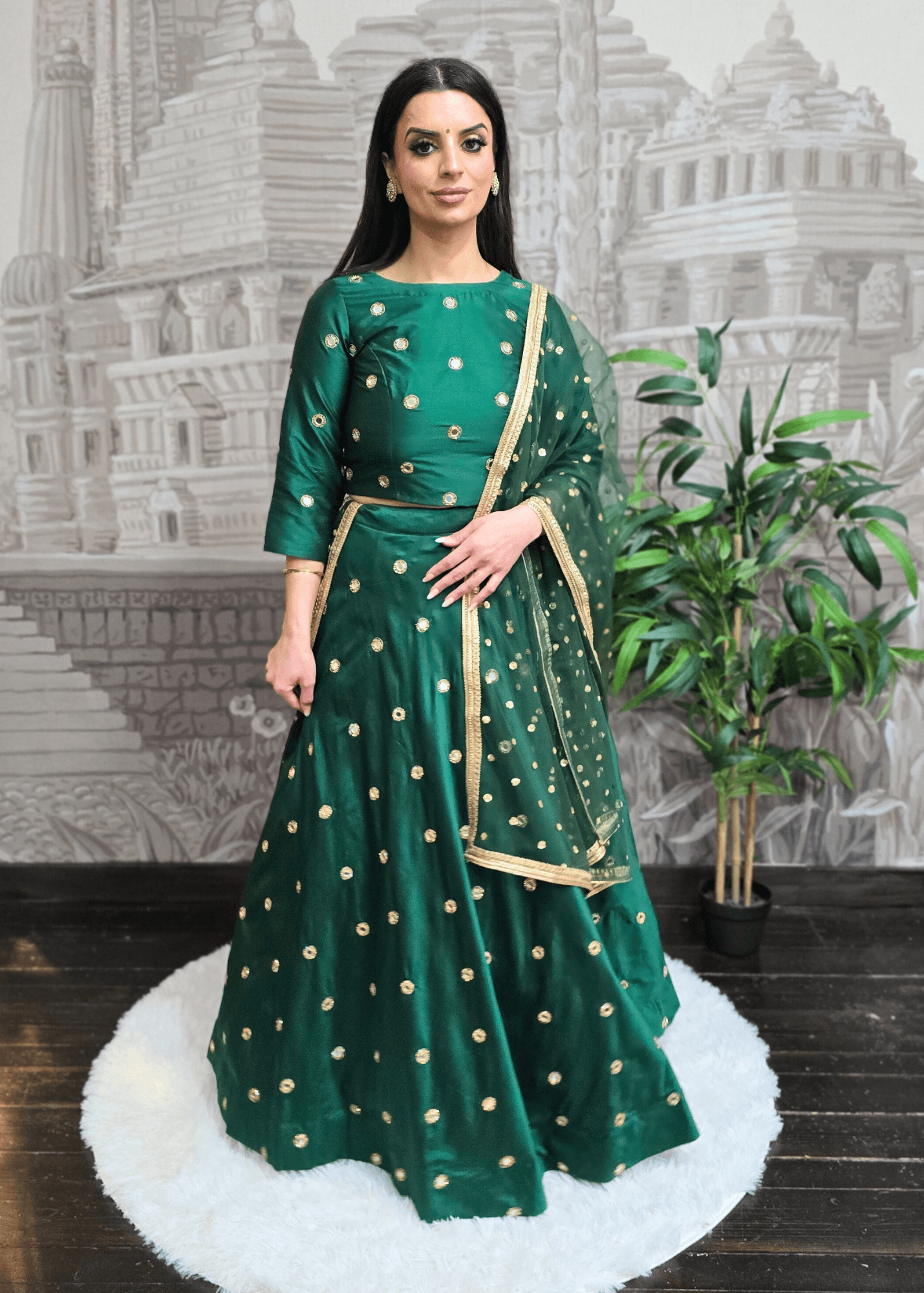 Nims Boutique Rani Luxury Silk Dark Green Mirror readymade skirt/lehnga size 4-18