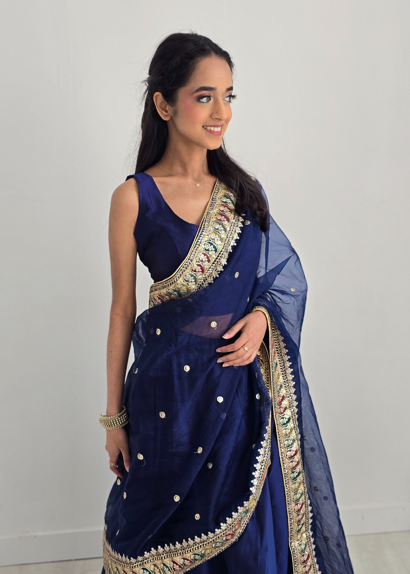 Sunidhi Navy Blue Multicolour Organza Dupatta/Chunni