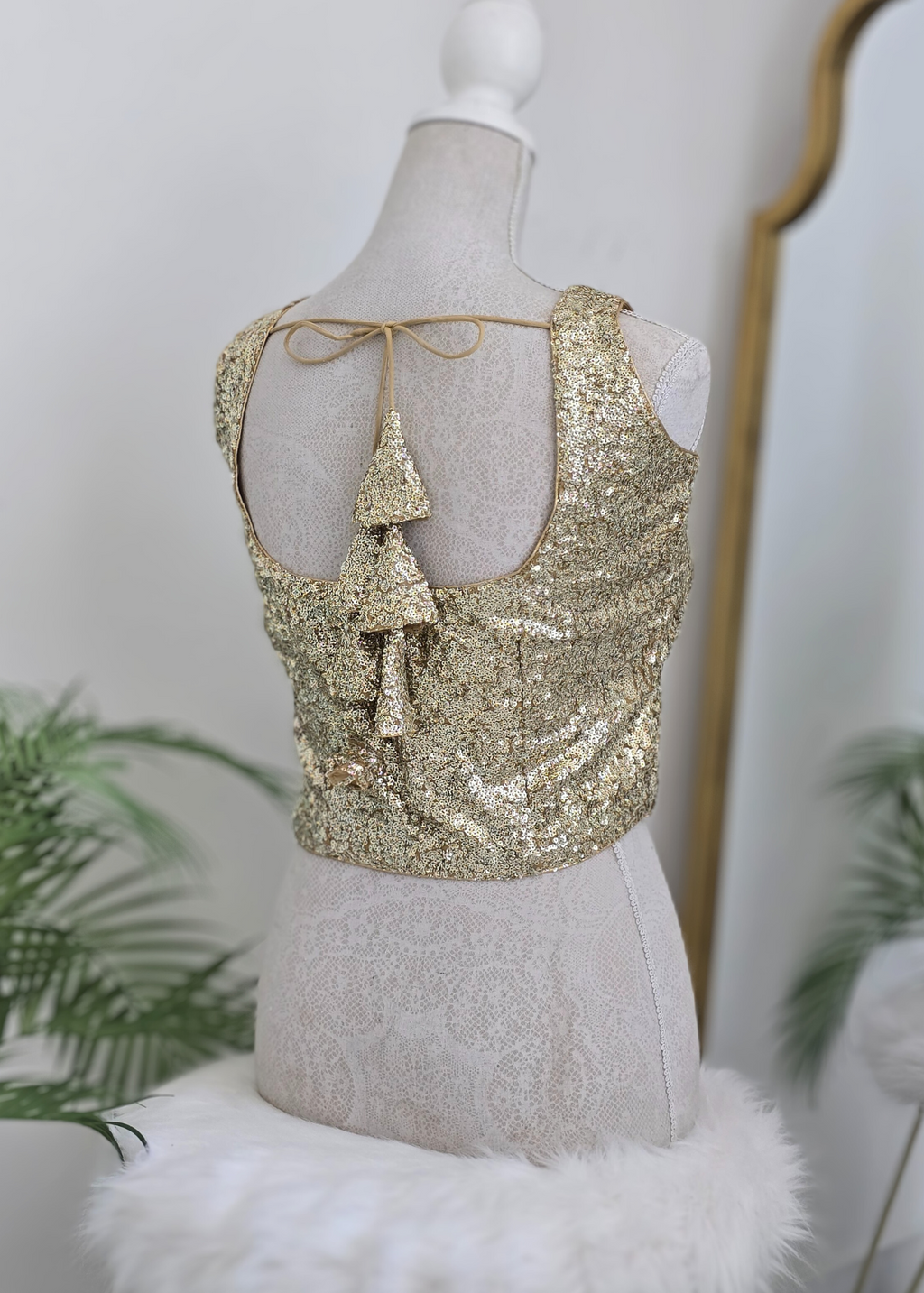 Gold Sequin Sleeveless Blouse Longer length with latkans (4-26)