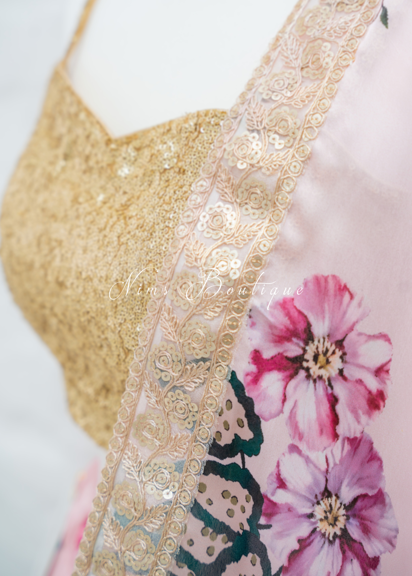 Sakura Pink Satin Print Dupatta/Chunni sequin edging