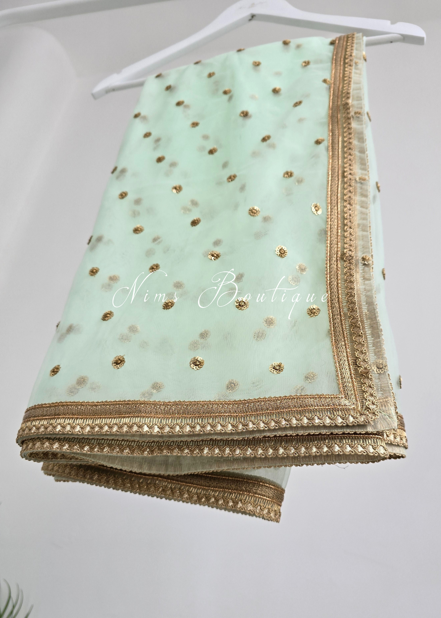 Luxury Mint Green Net Sequin Dupatta/Chunni (LNS9)