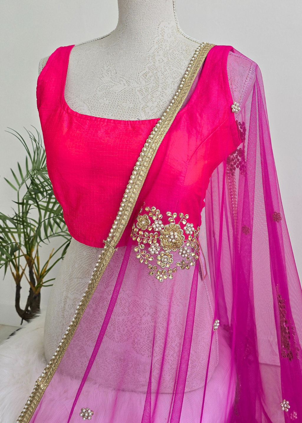 Hot Pink Net Pearl Embellished Dupatta/Chunni
