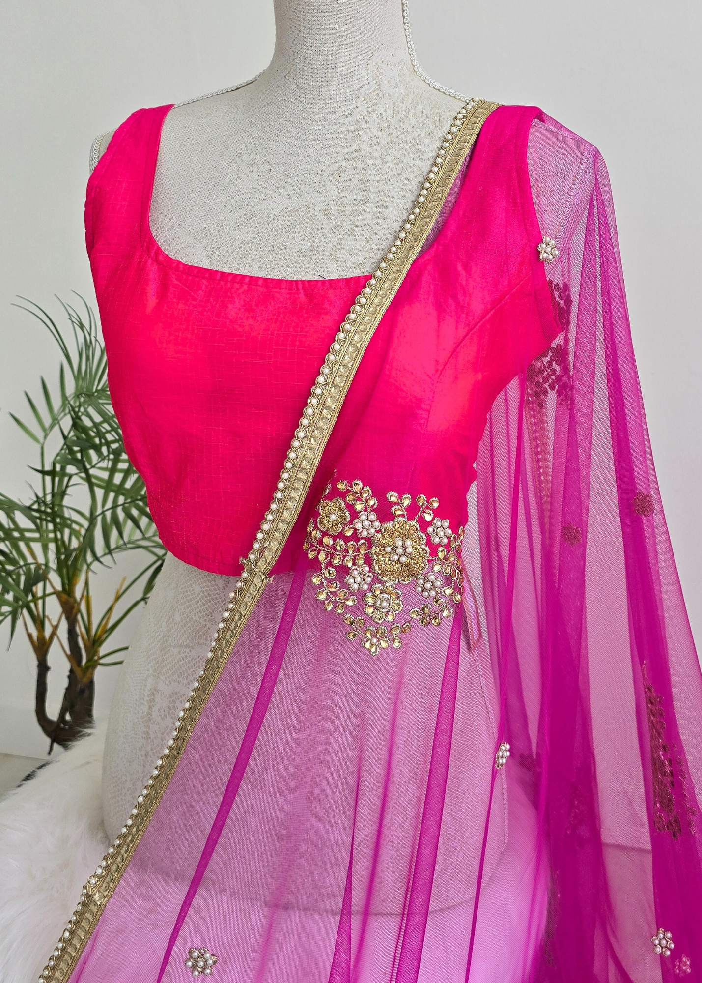 Hot Pink Net Pearl Embellished Dupatta/Chunni