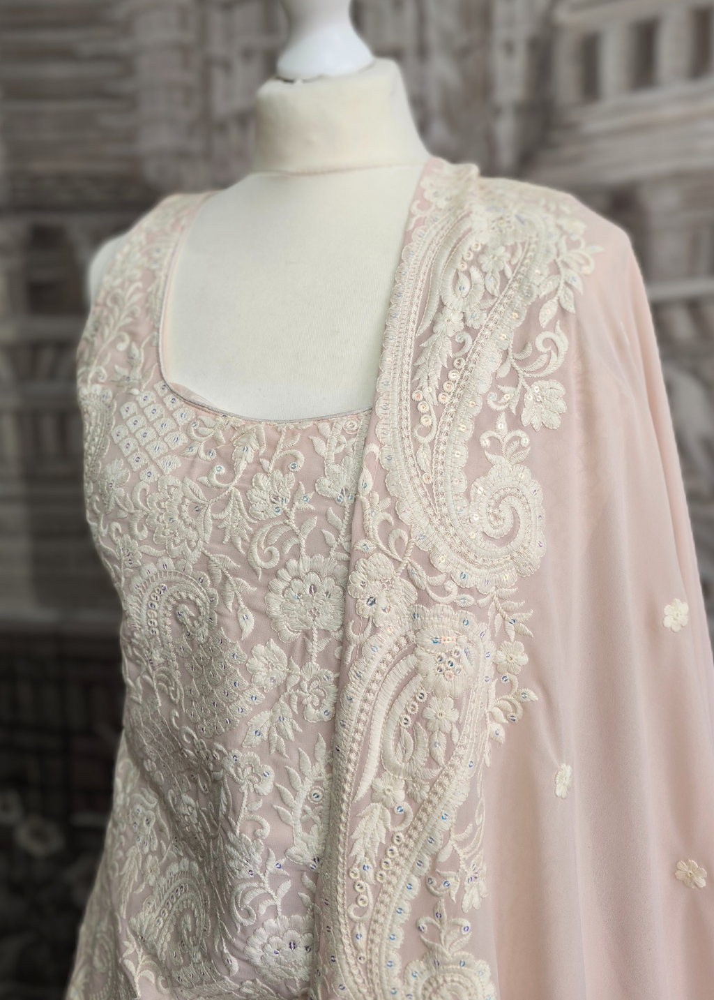 Ivory & Light Peach Thread Embroidered Sharara Suit (Size 10-12)