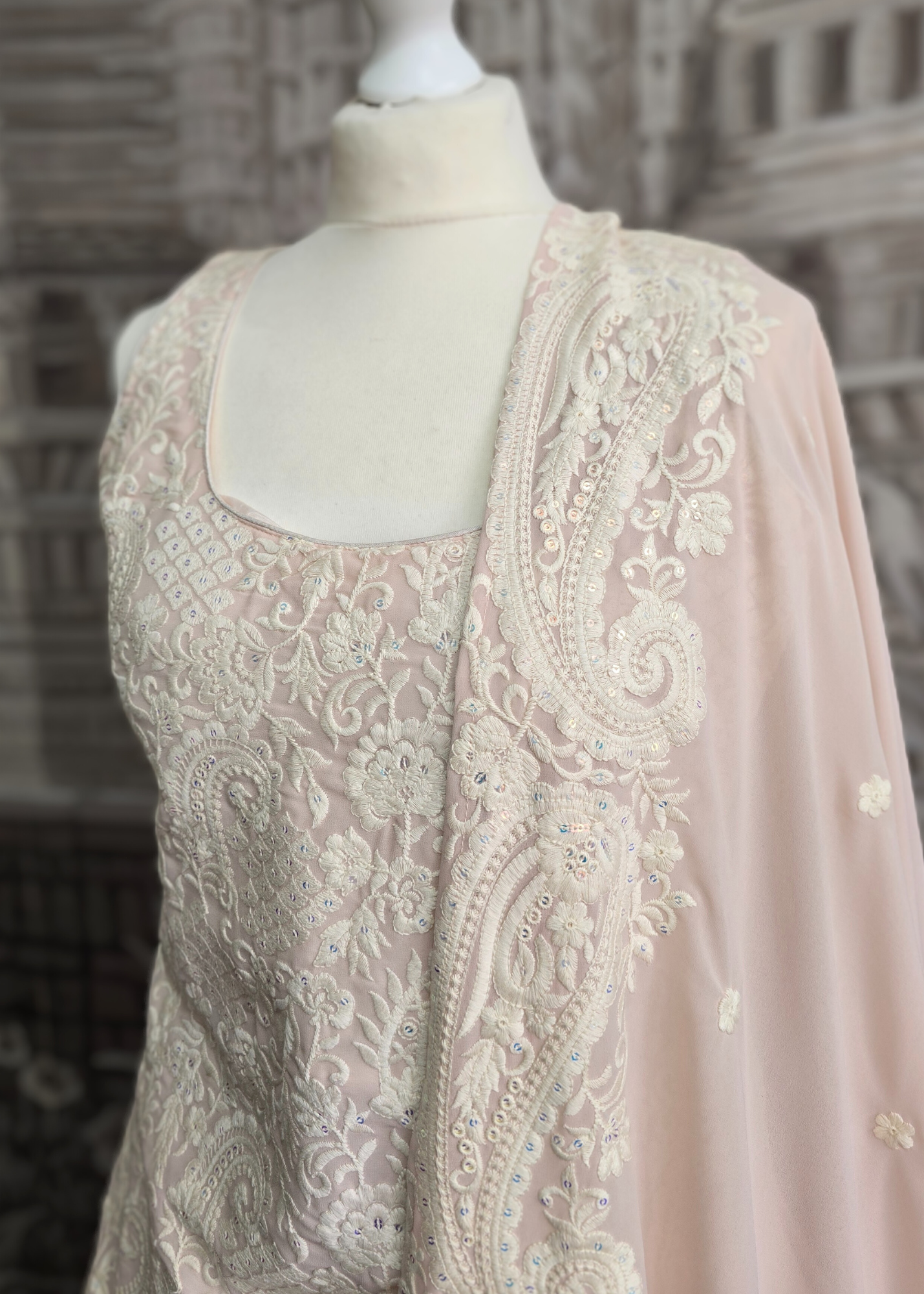 Ivory & Light Peach Thread Embroidered Sharara Suit (Size 10-12)