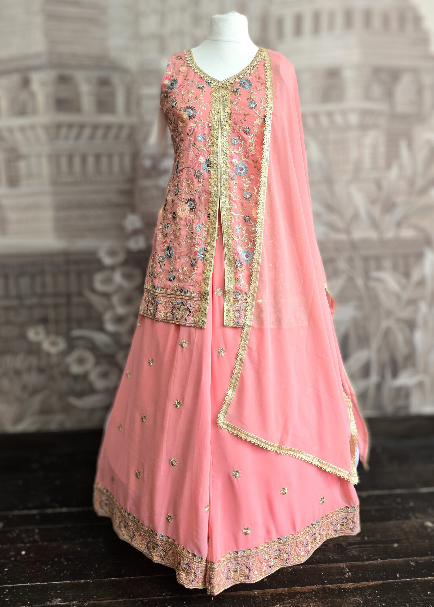 Peach Embroidered Sharara Suit (Size 10-12)