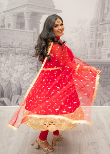 The NB Luxury Red Silk Anarkali Pajami Suit with sleeves (size 12-24)
