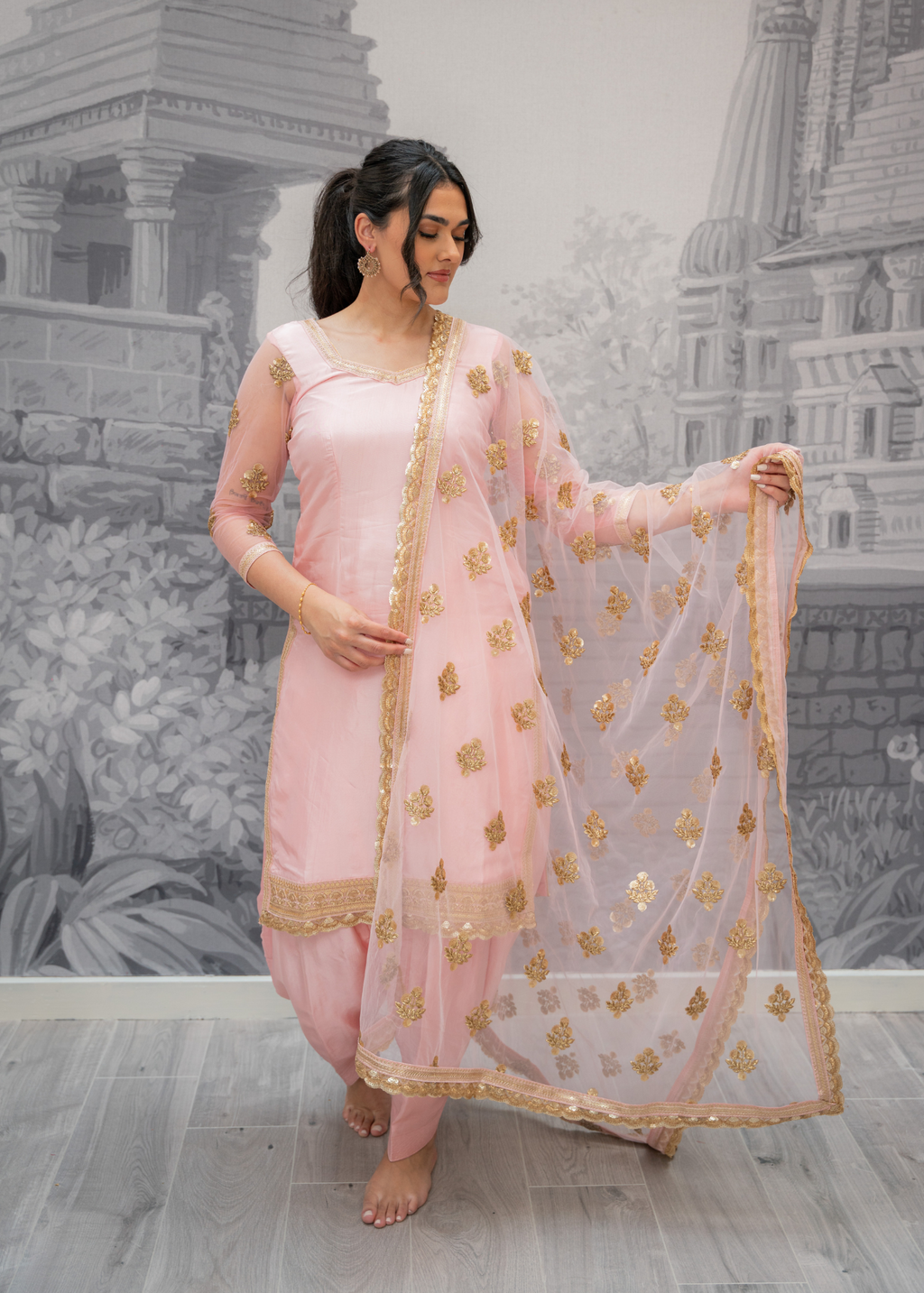 Long Sleeved Blush Pink Silk Salwar Suit (4-24)