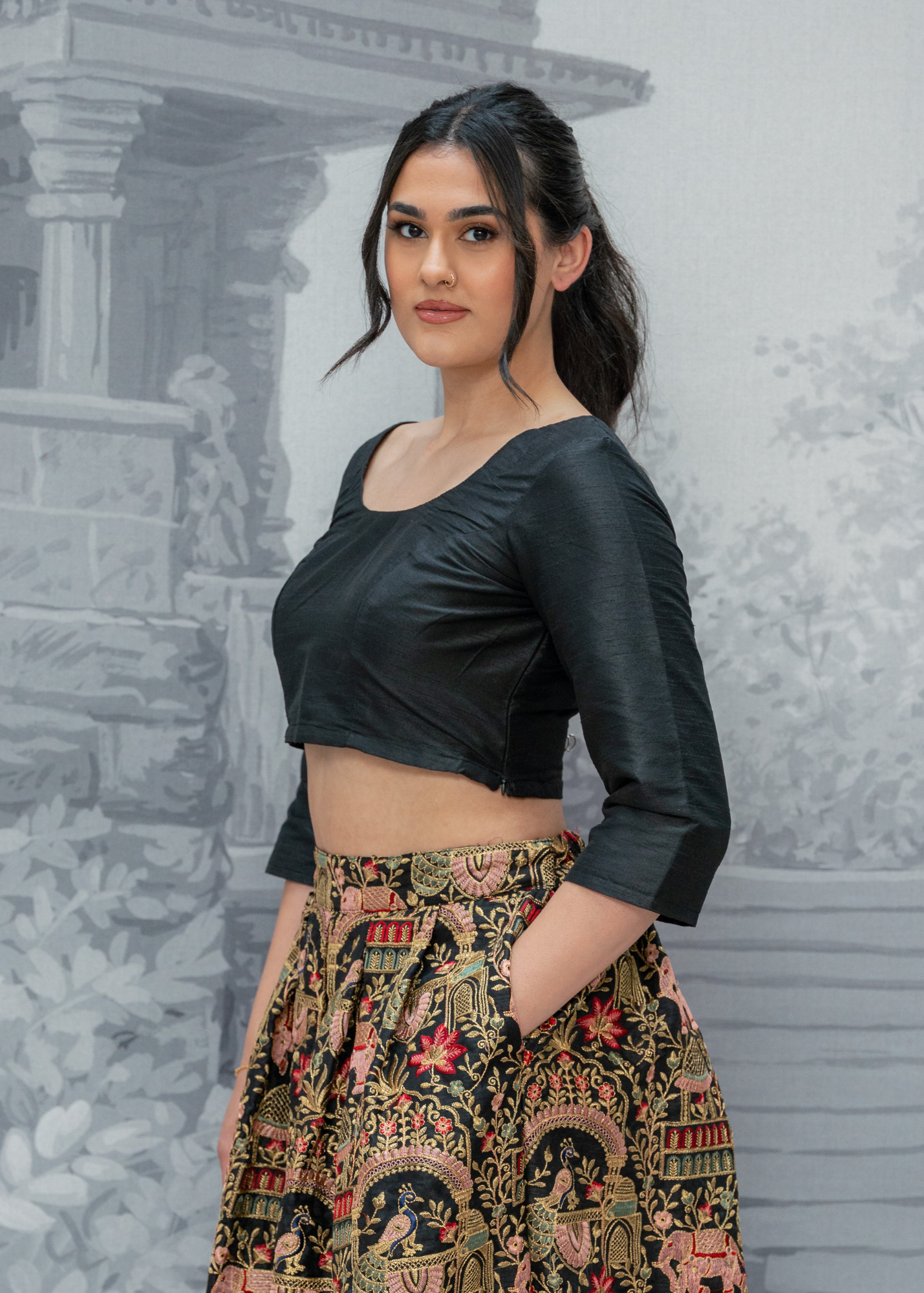 Black Raw Silk Scoop Neck Blouse with sleeves (4-26)