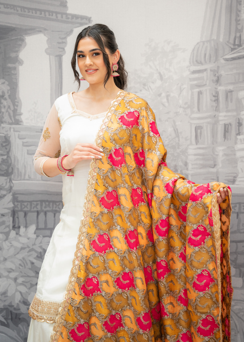 Tara Luxury Pink and Yellow Brocade Dupatta/Chunni