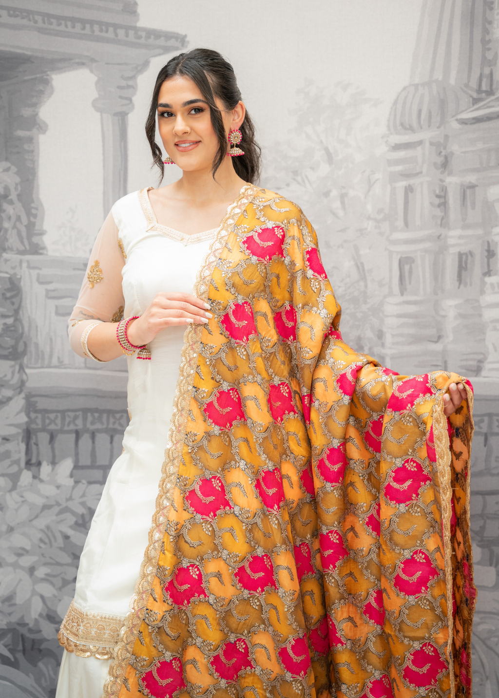 Long Sleeved Ivory Silk & Multicolour Salwar Suit (8-20)