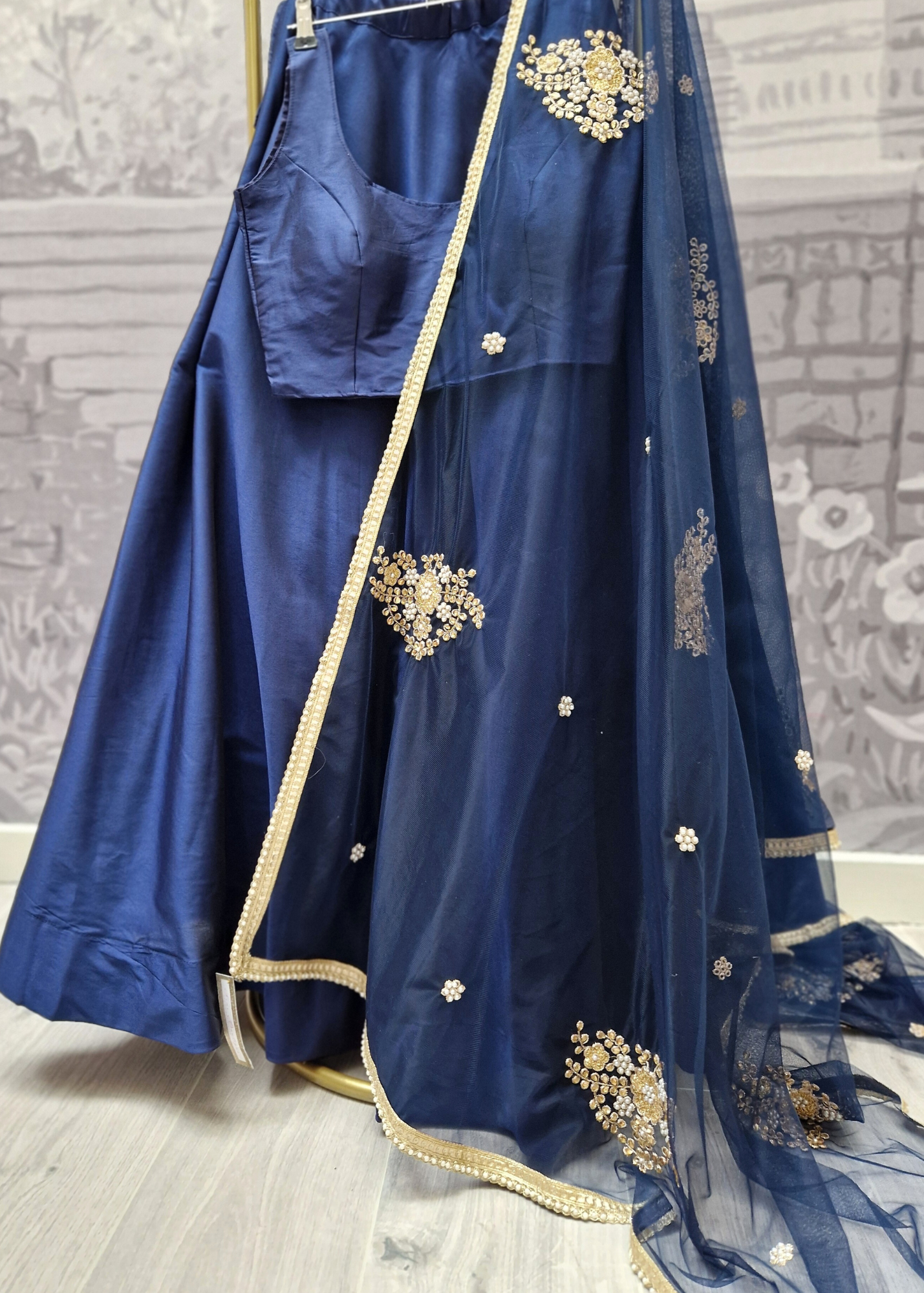 Navy Net Pearl Embellished Dupatta/Chunni