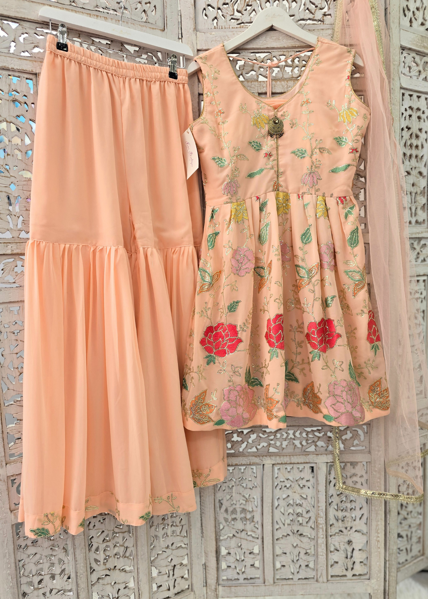 Peach Floral Frock Sharara Suit (Size 10-12)