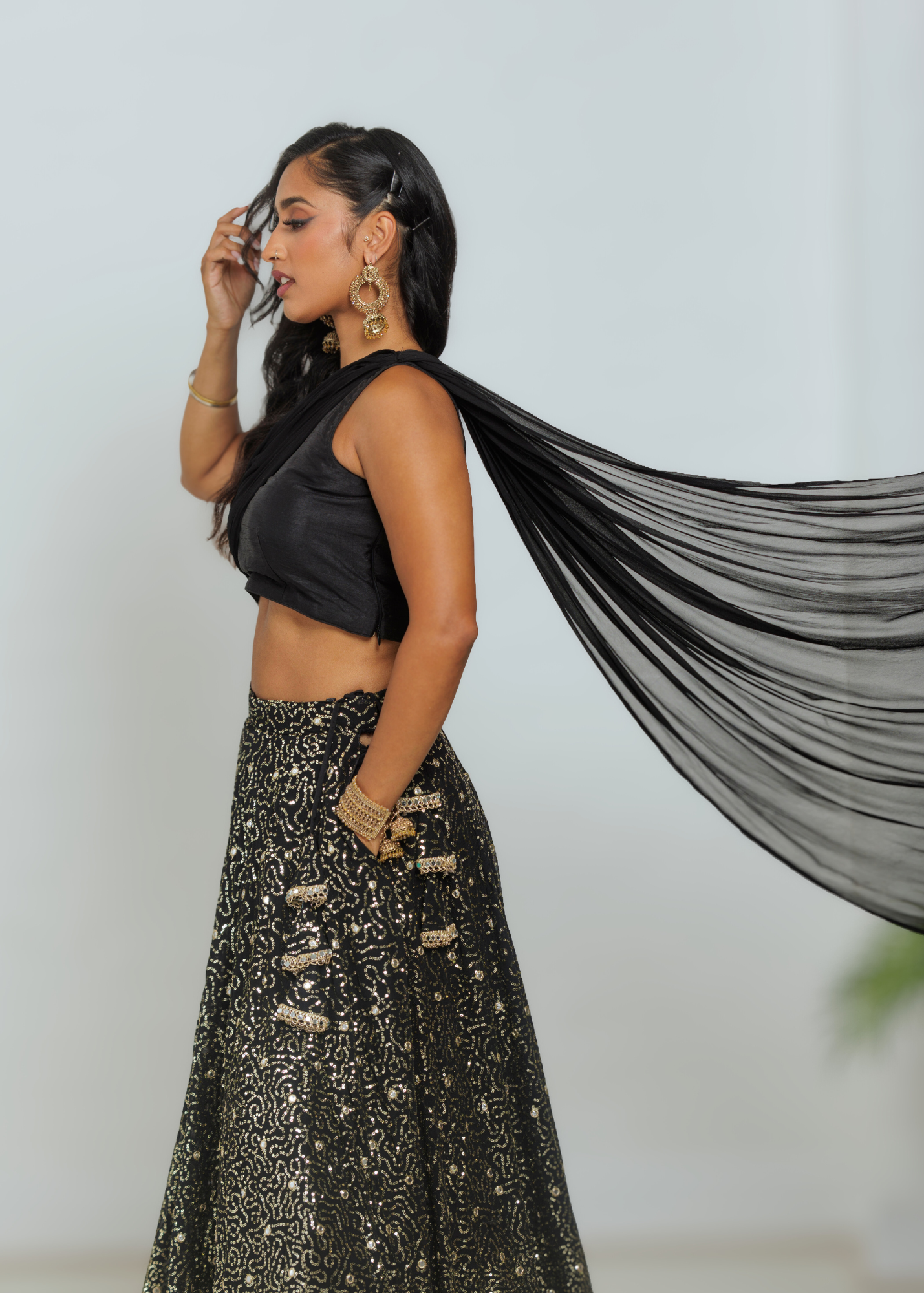 Arya Black Luxury One Shoulder & Dupatta blouse (6-18)
