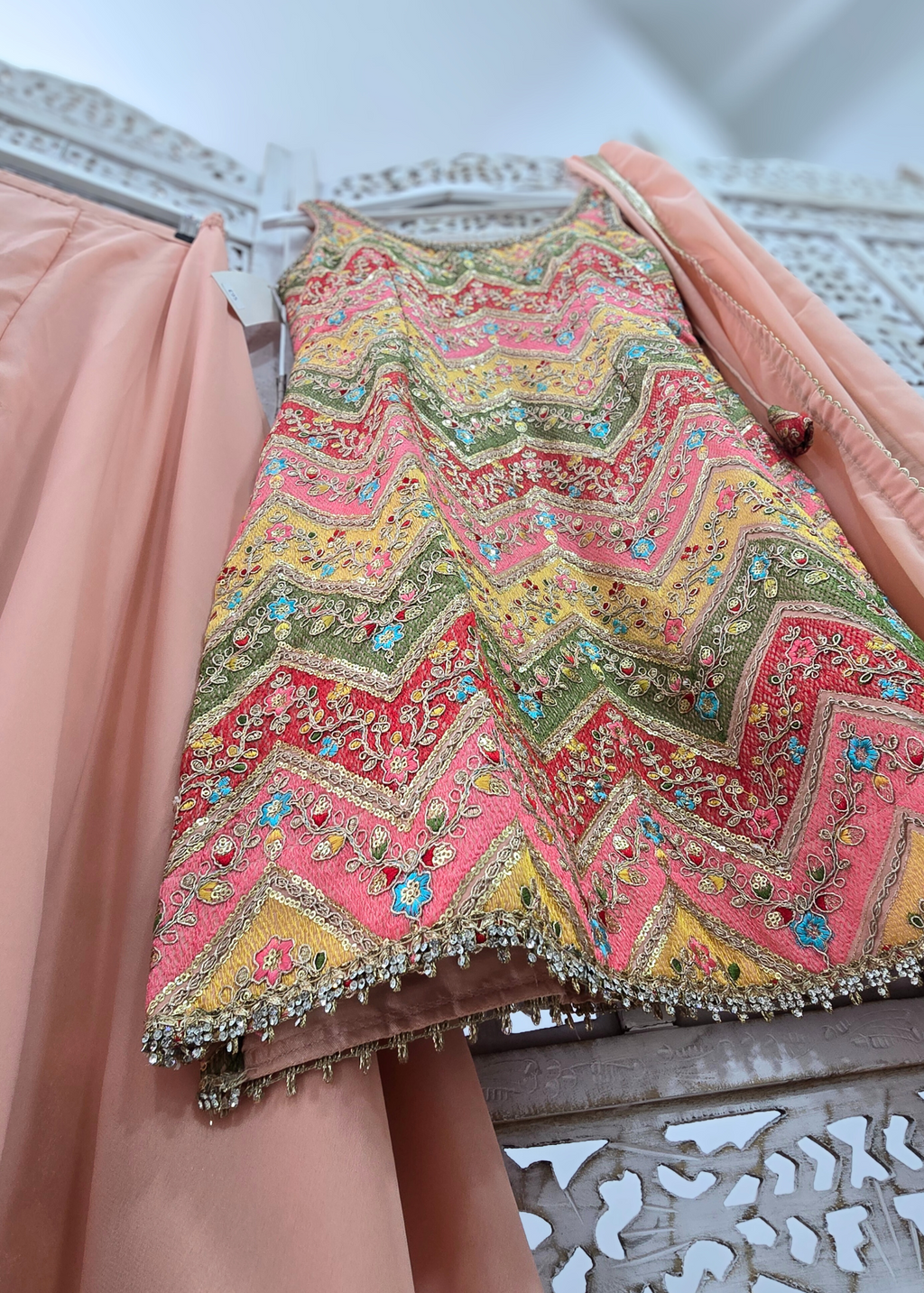 Peach Multicolour Embroidered Sharara Suit (Size 10-12)