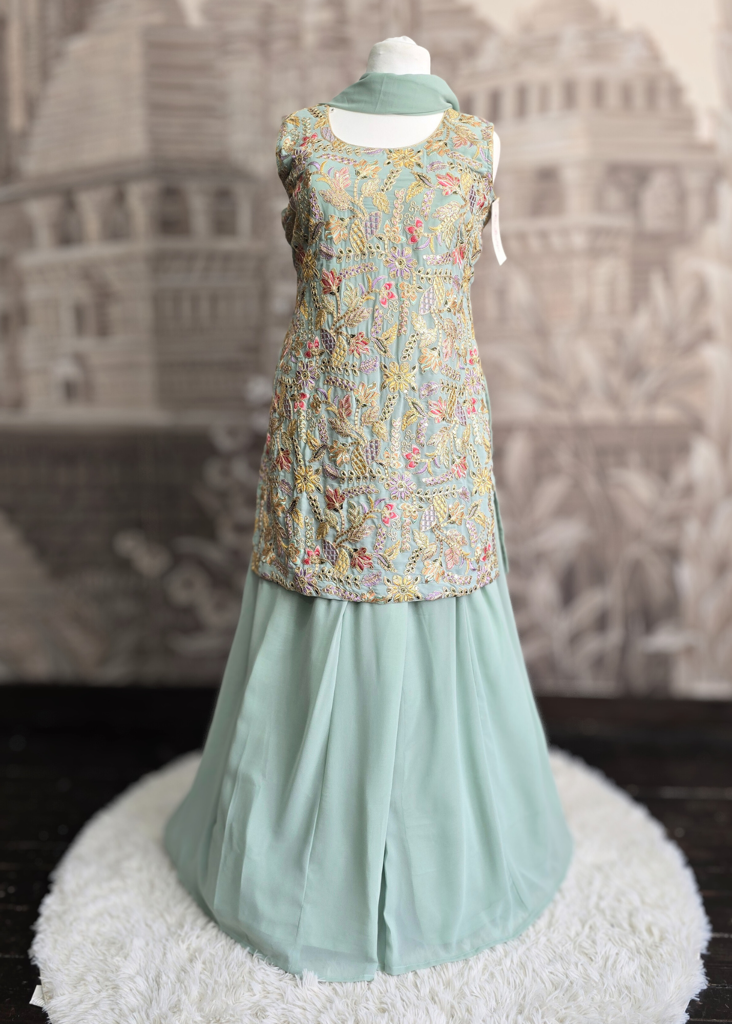 Mint Embroidered Sharara Suit (Size 18-20)