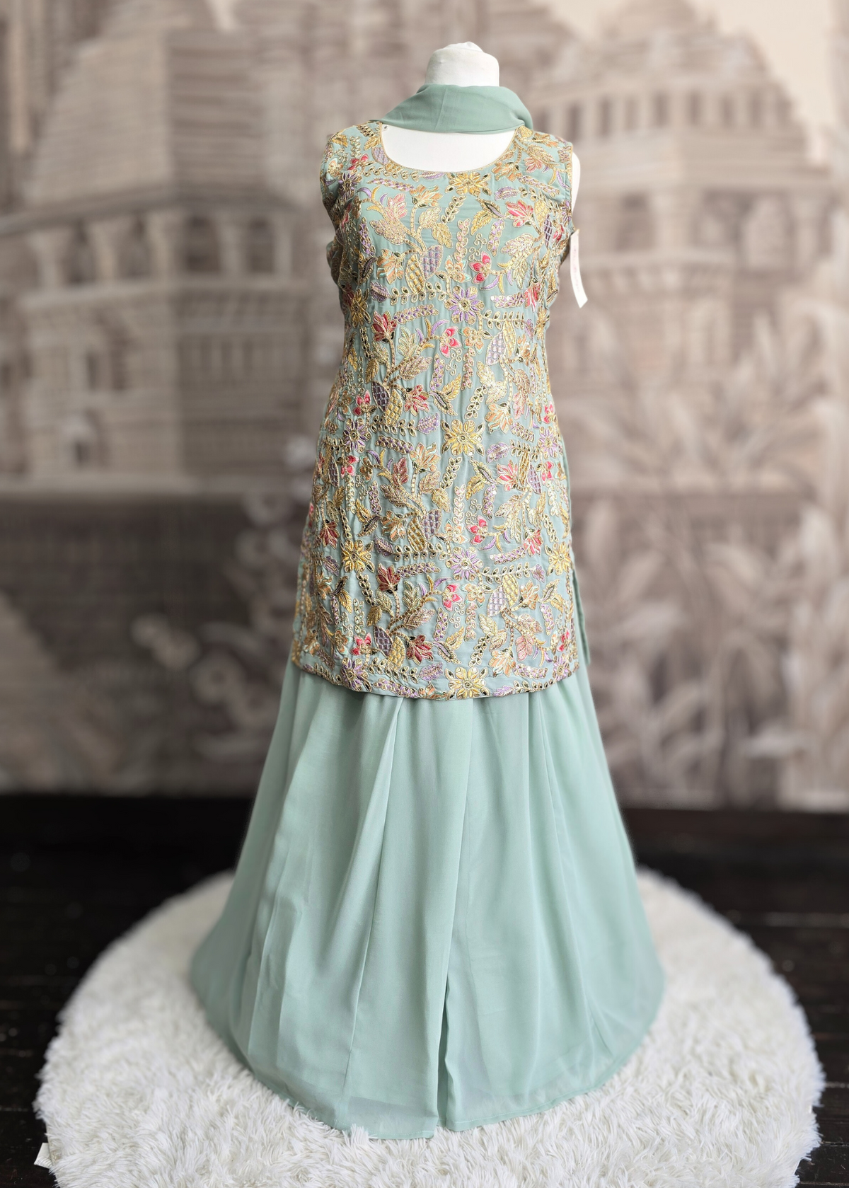 Mint Embroidered Sharara Suit (Size 16-20)