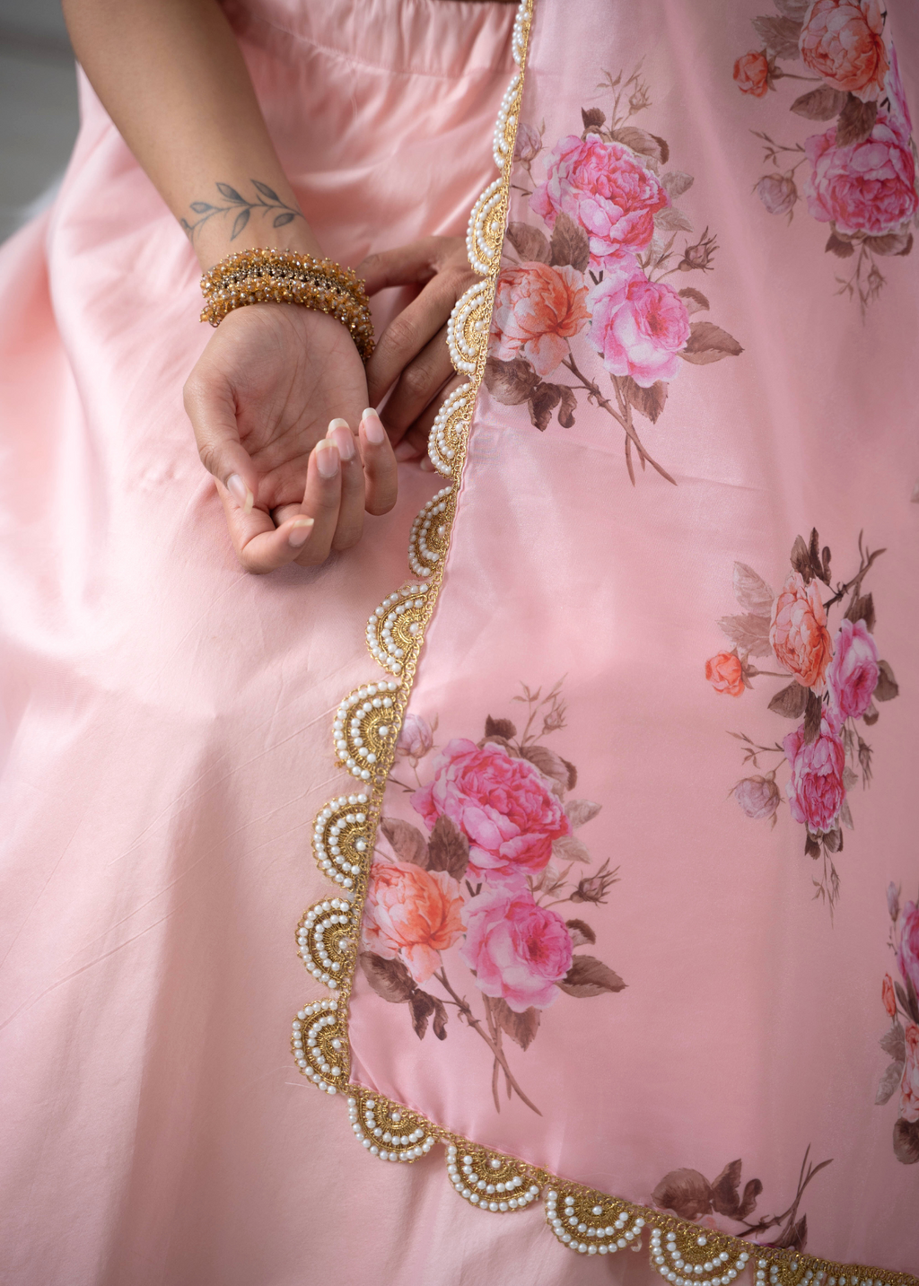 Luxury Peach Organza Floral Dupatta/Chunni with Pearl Edging