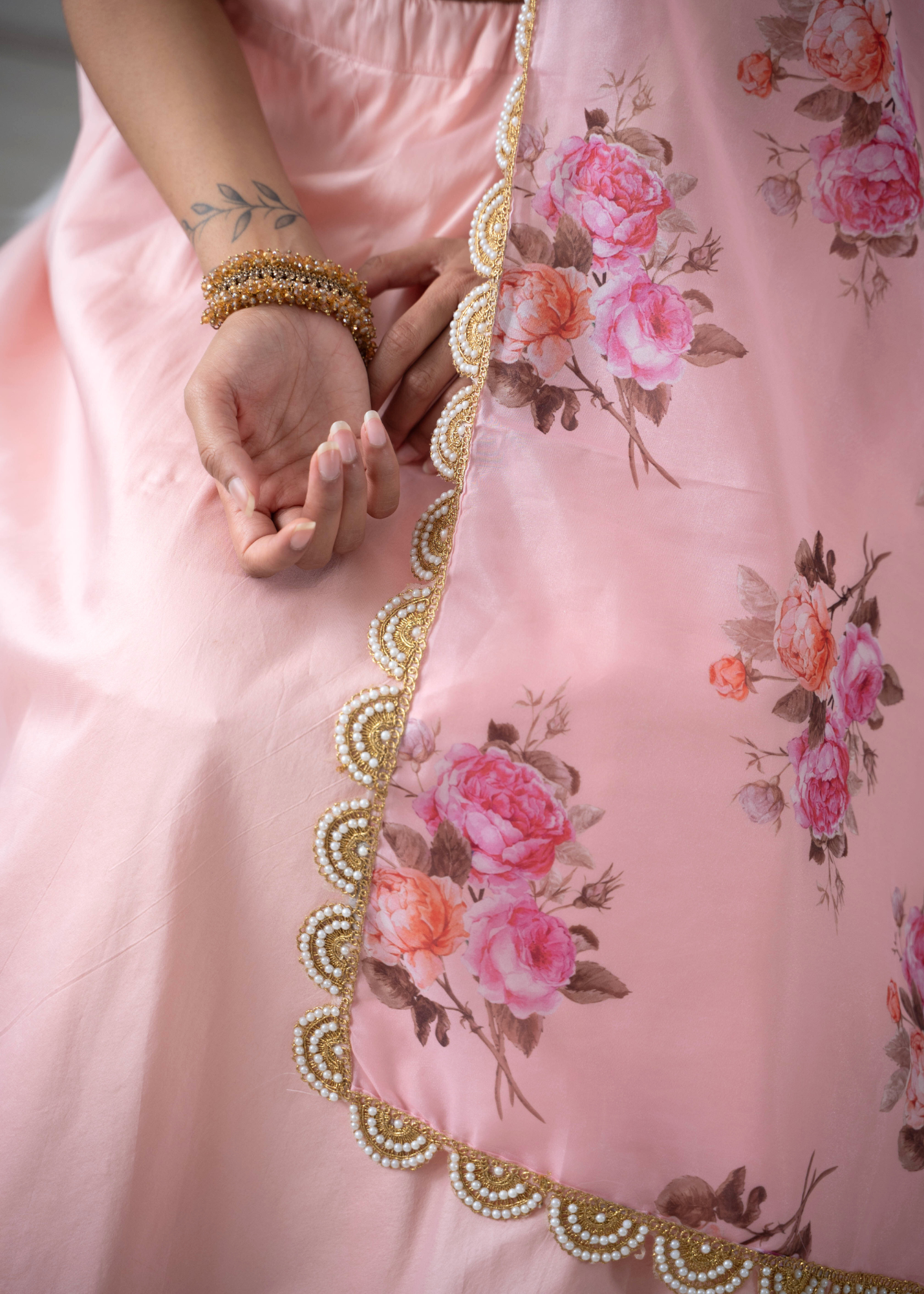 Luxury Peach Organza Floral Dupatta/Chunni with Pearl Edging