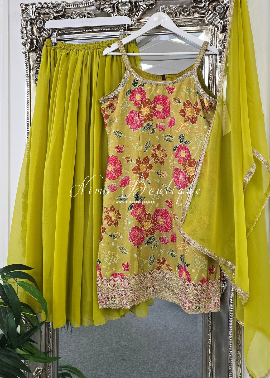 Lime Floral Strap Embroidered Sharara Suit (size 16-18)