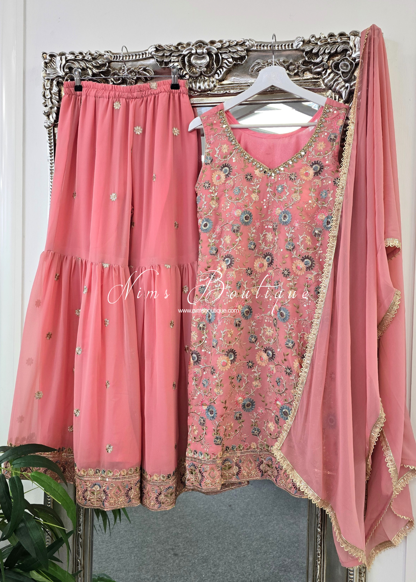 Dusky Pink & Pastels Thread Embroidered Gharara Suit (size 10-12)
