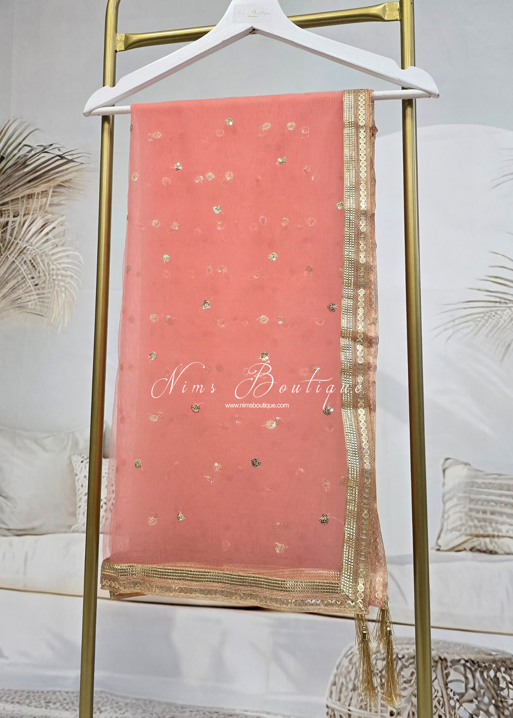 Deep Peach Net Sequin Dupatta/Chunni