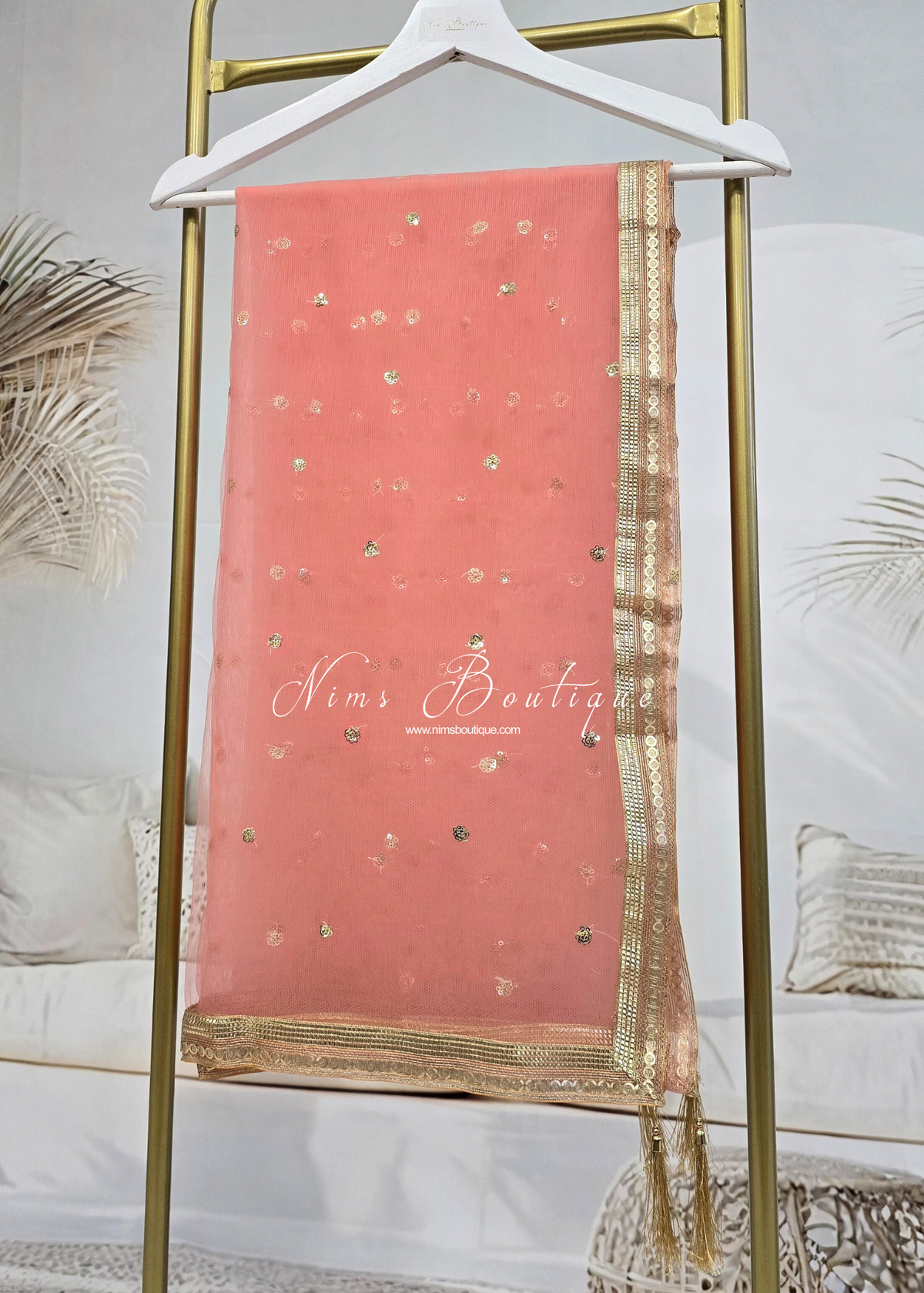 Deep Peach Net Sequin Dupatta/Chunni