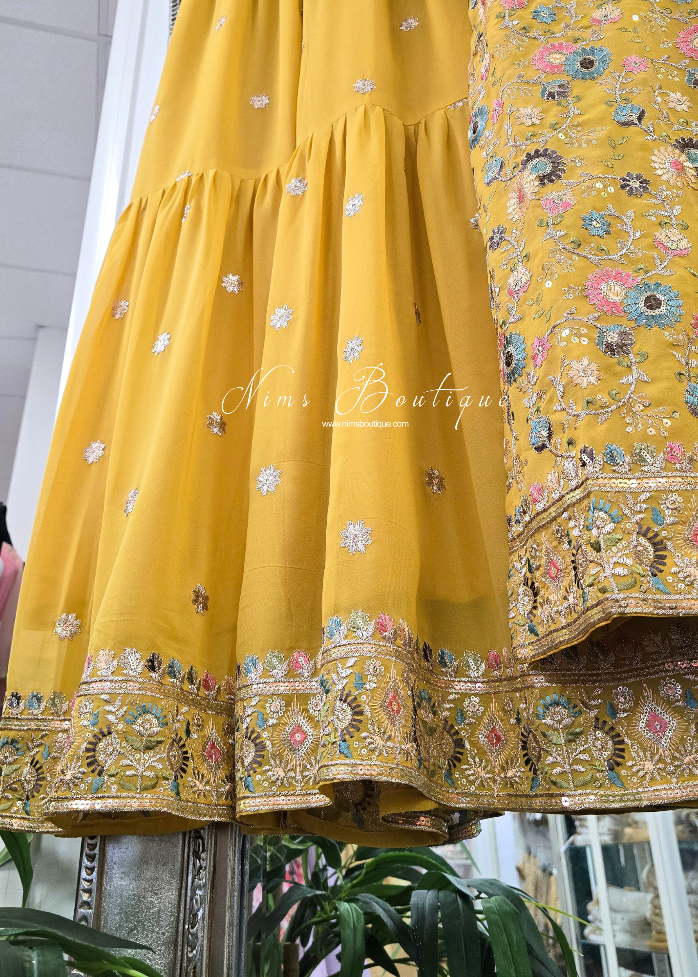 Mustard & Pastels Thread Embroidered Gharara Suit (size 10-12)