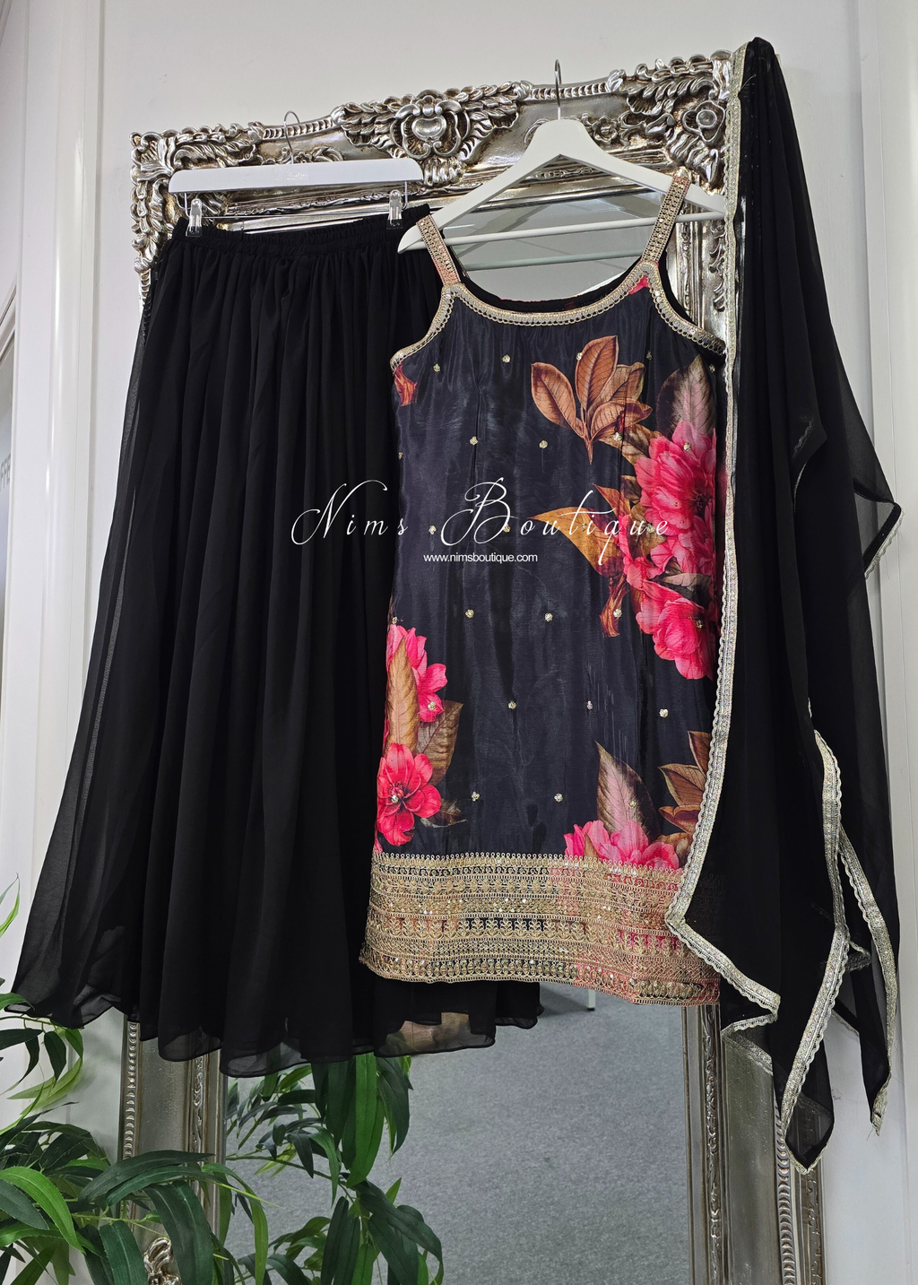 Black Floral Strap Embroidered Sharara Suit (size 14-16)