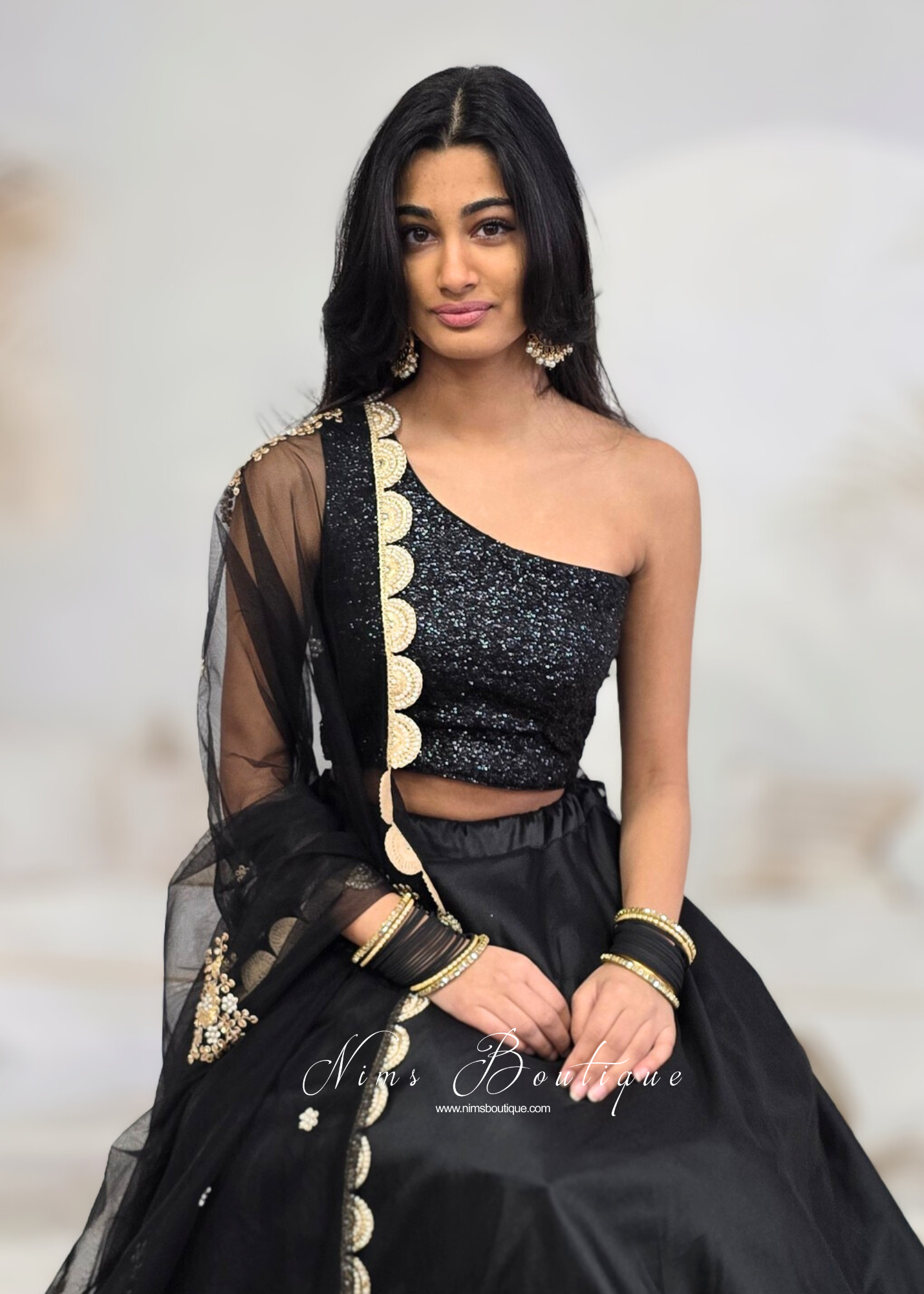 Black Net Pearl Embellished Dupatta/Chunni with Luxury Pearl Edging (NPE5)