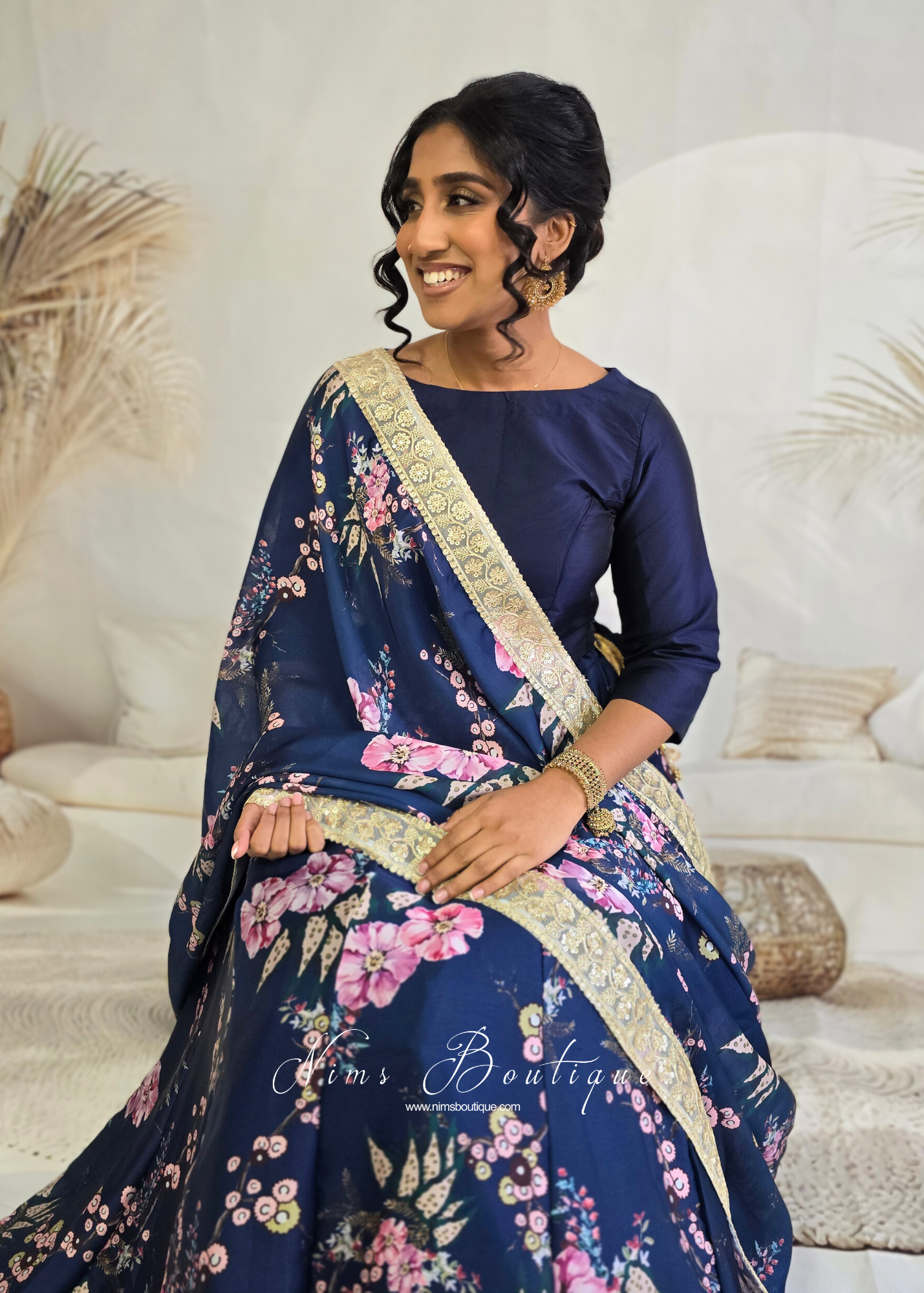 Sakura Navy Satin Print Dupatta/Chunni sequin edging