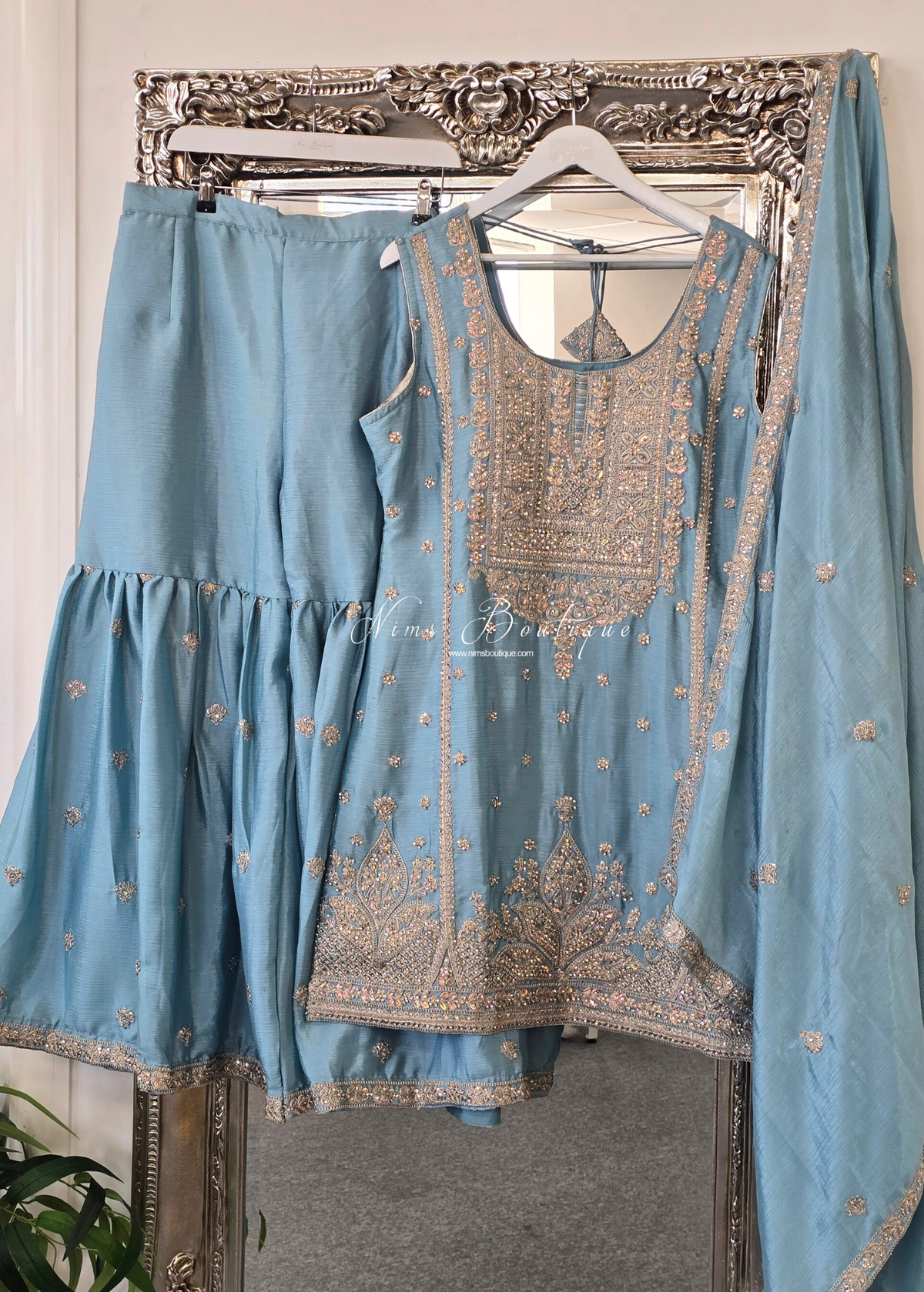 Blue Embroidered Gharara Suit (Size 18-20)