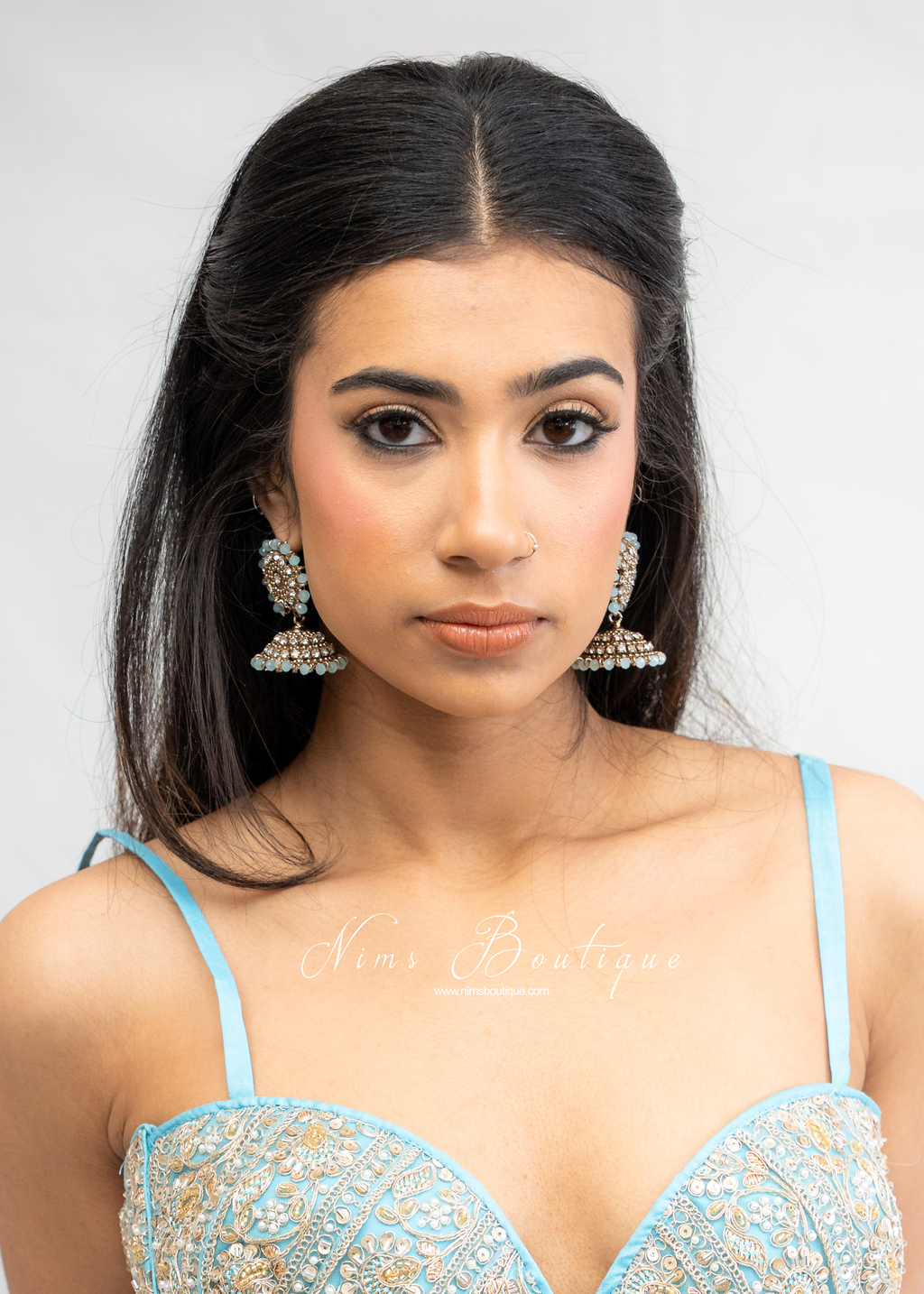 Chandni Royal Antique Gold & Light Blue Jhumka earrings