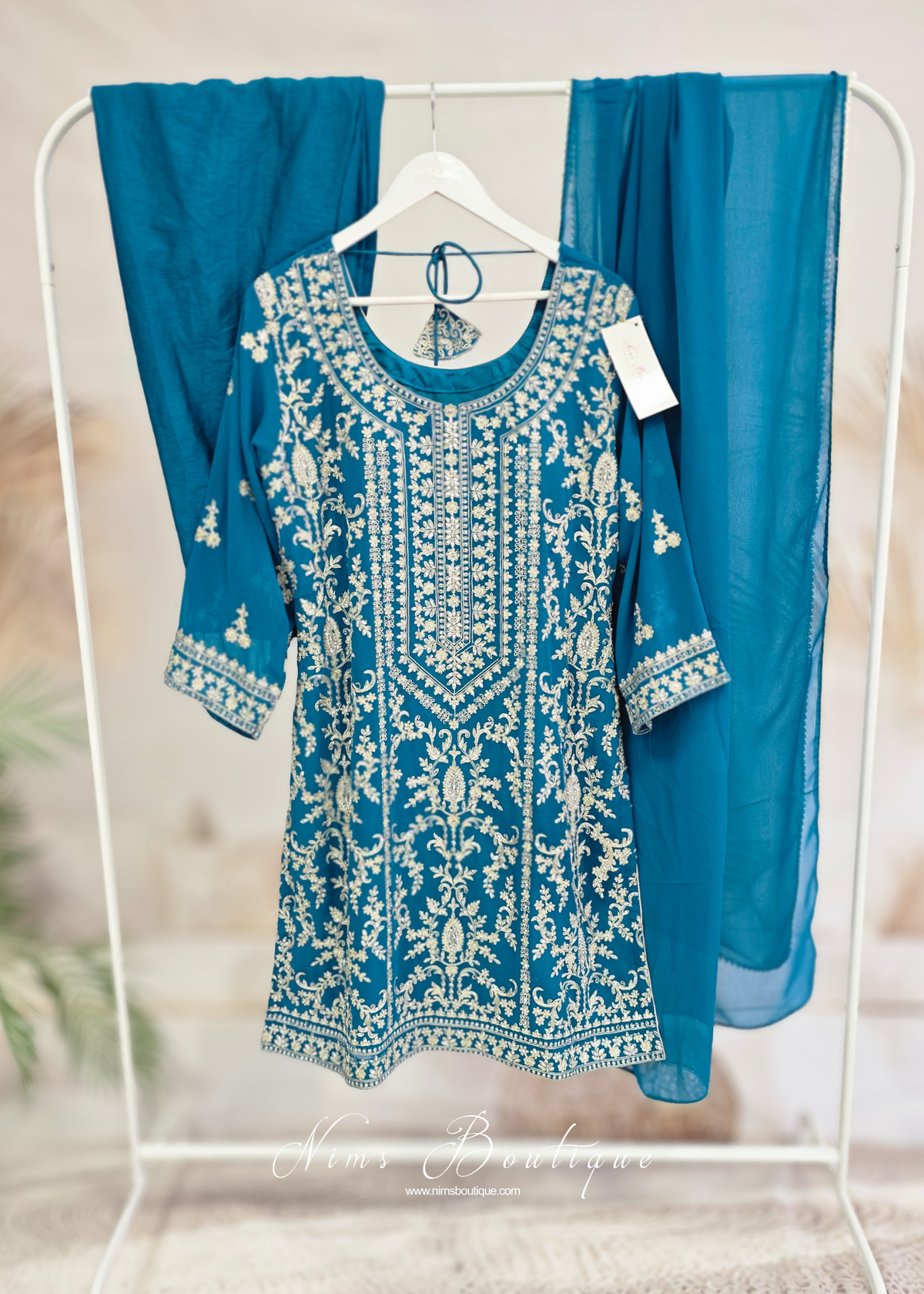 Blue/Teal Embroidered Trouser Suit (size 16)