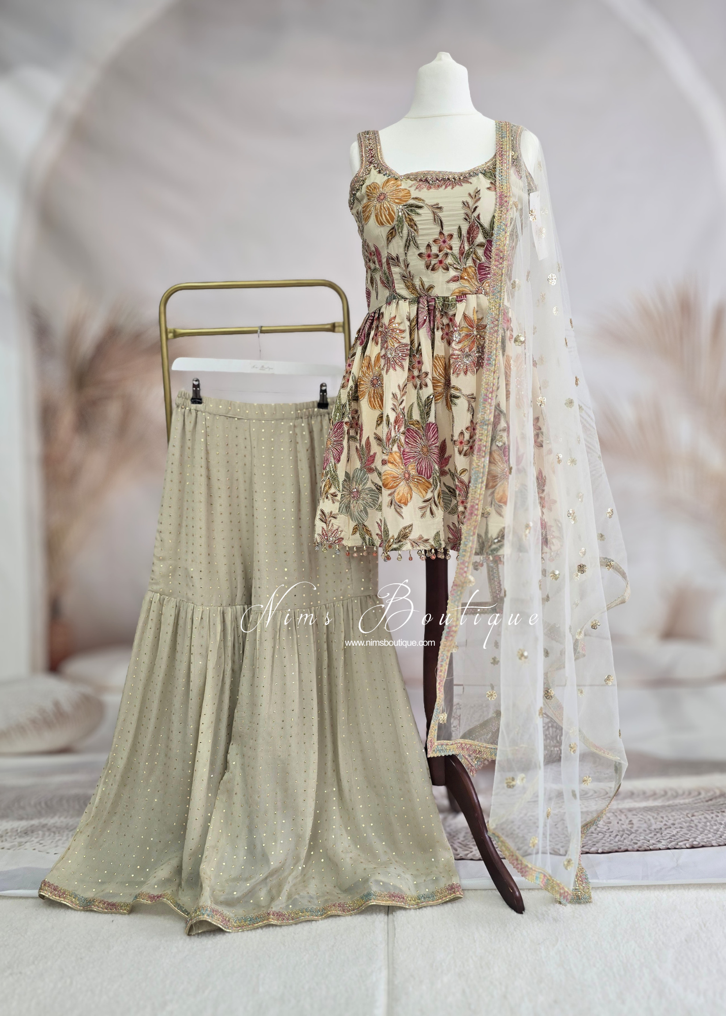 Cream Frock Thread Embroidered Gharara Suit (size 12-14)