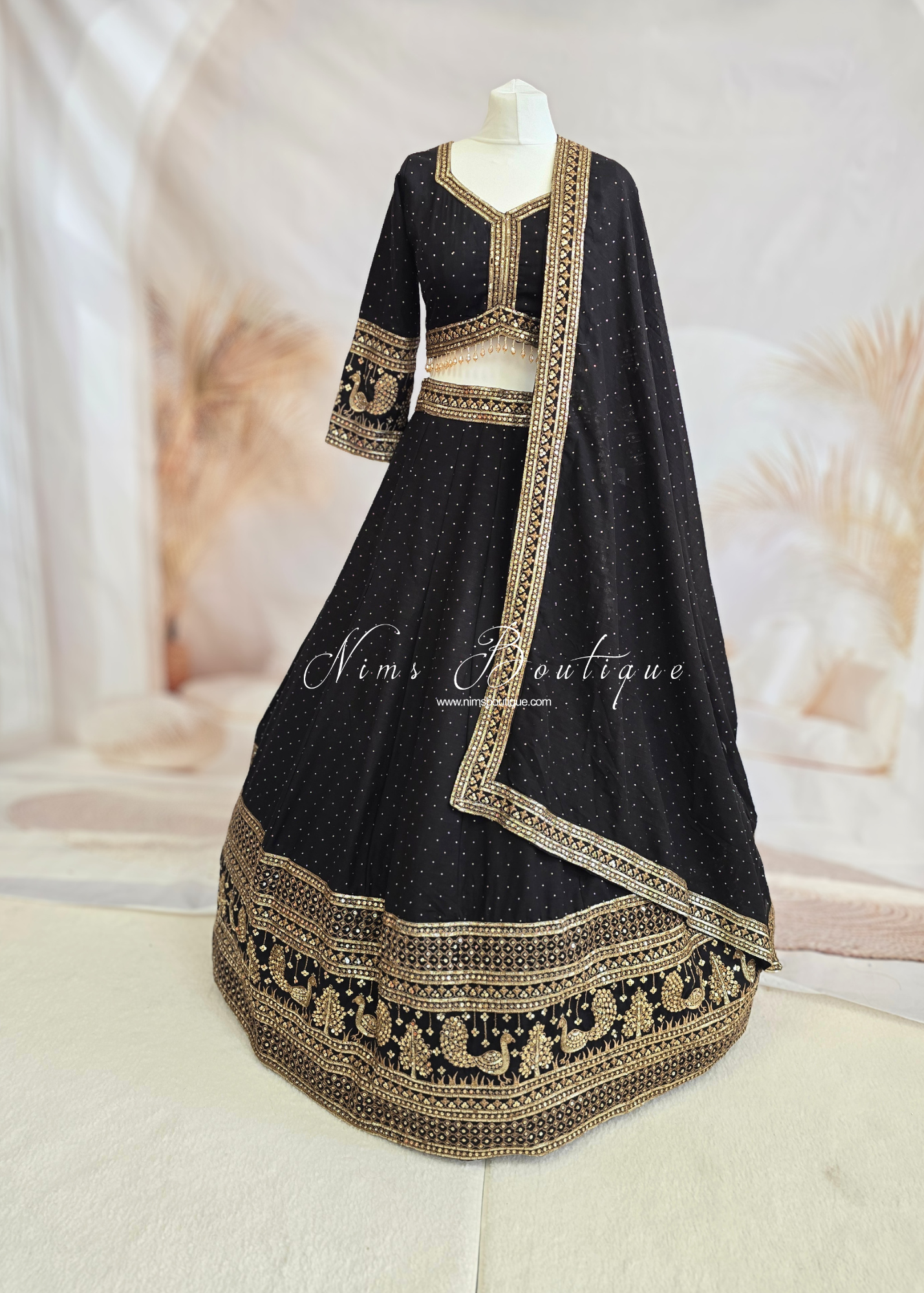 Luxury Black & Gold Peacock Long Sleeve Lehnga (size 12-14)