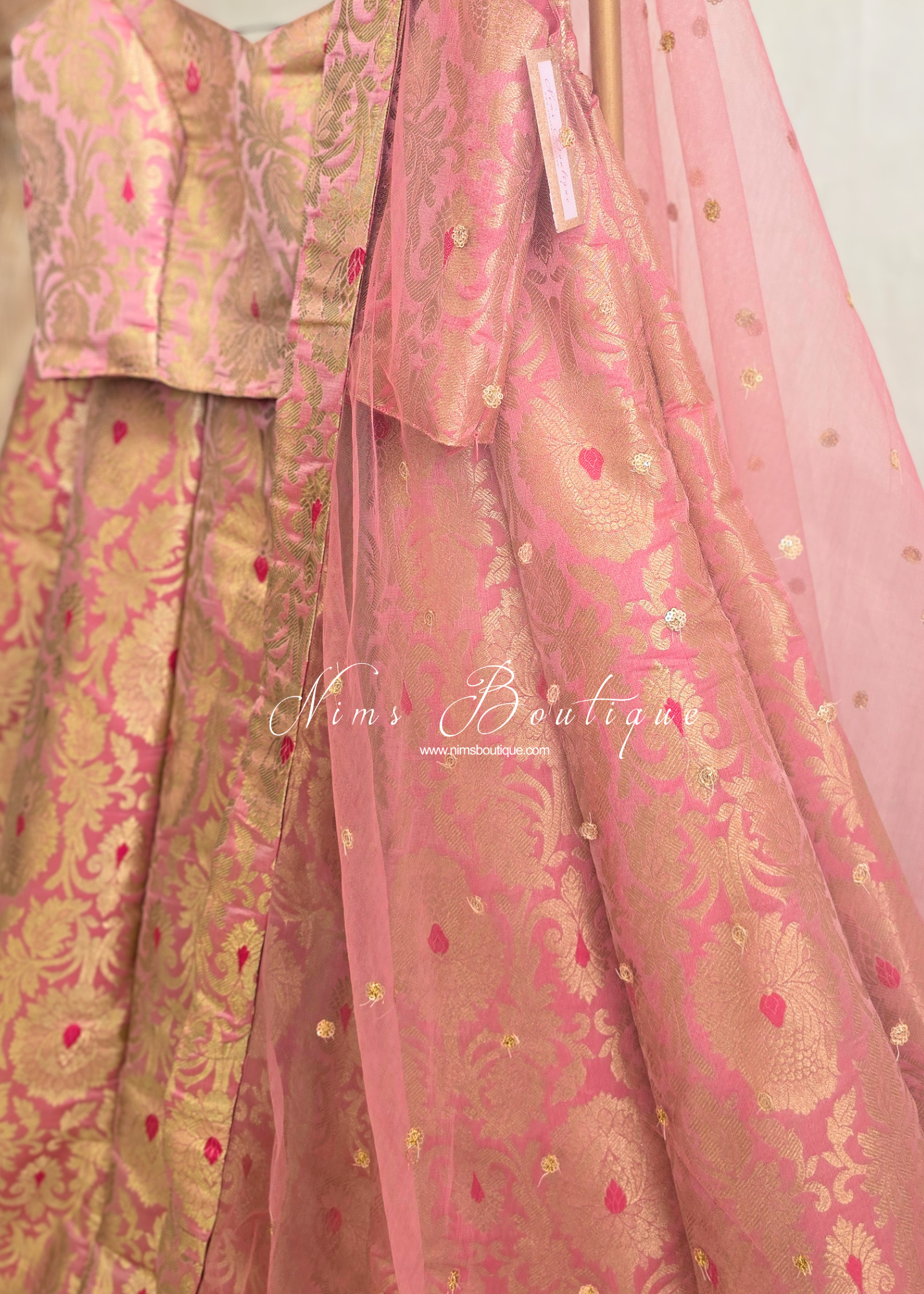 Jasmine Pink Brocade & Net Sequin Dupatta/Chunni