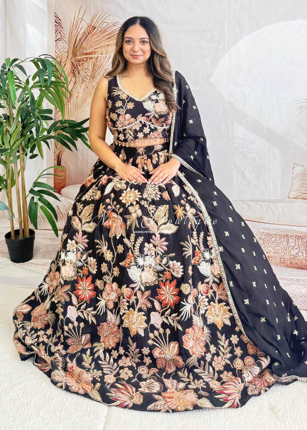 Luxury Black Floral Embellished Lehnga. Size 12
